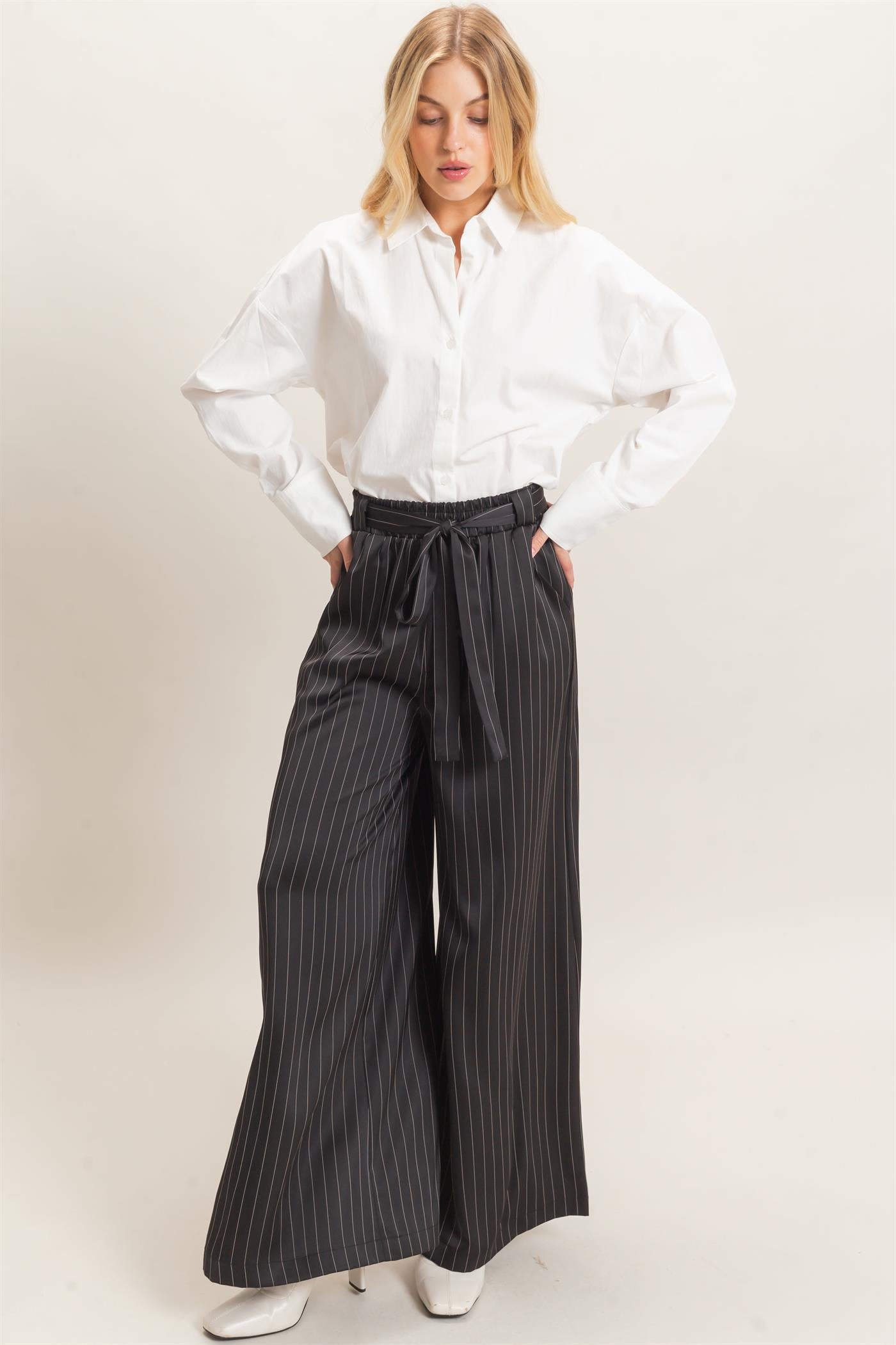 Wholesale Pinstripe Wide-Leg Pants Pants HF25F030 BLACK HYFVE