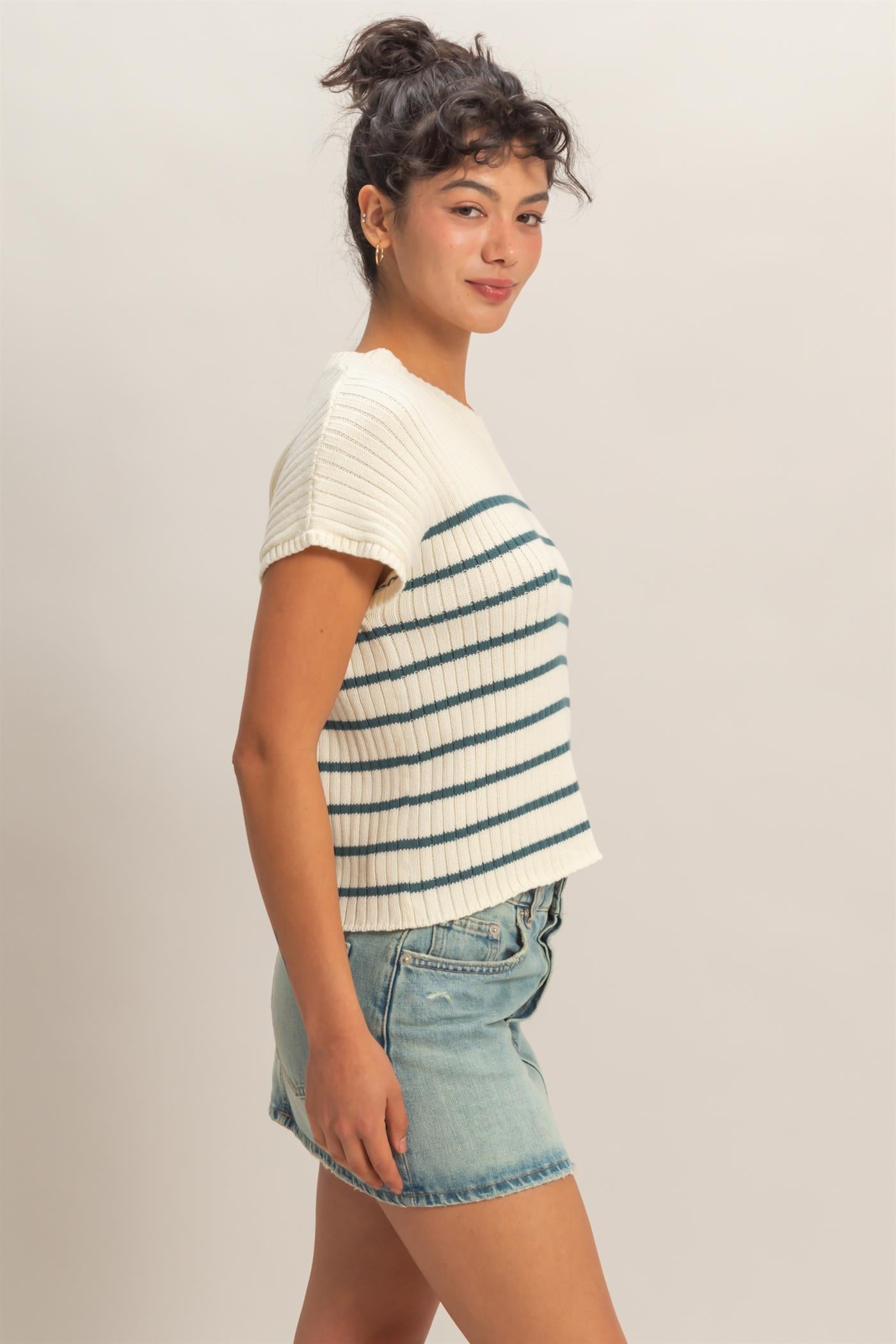 Wholesale Sleeveless Ribbed Striped Knit Top Clothing Tops DZ26A209 DARK TEAL DOUBLE ZERO