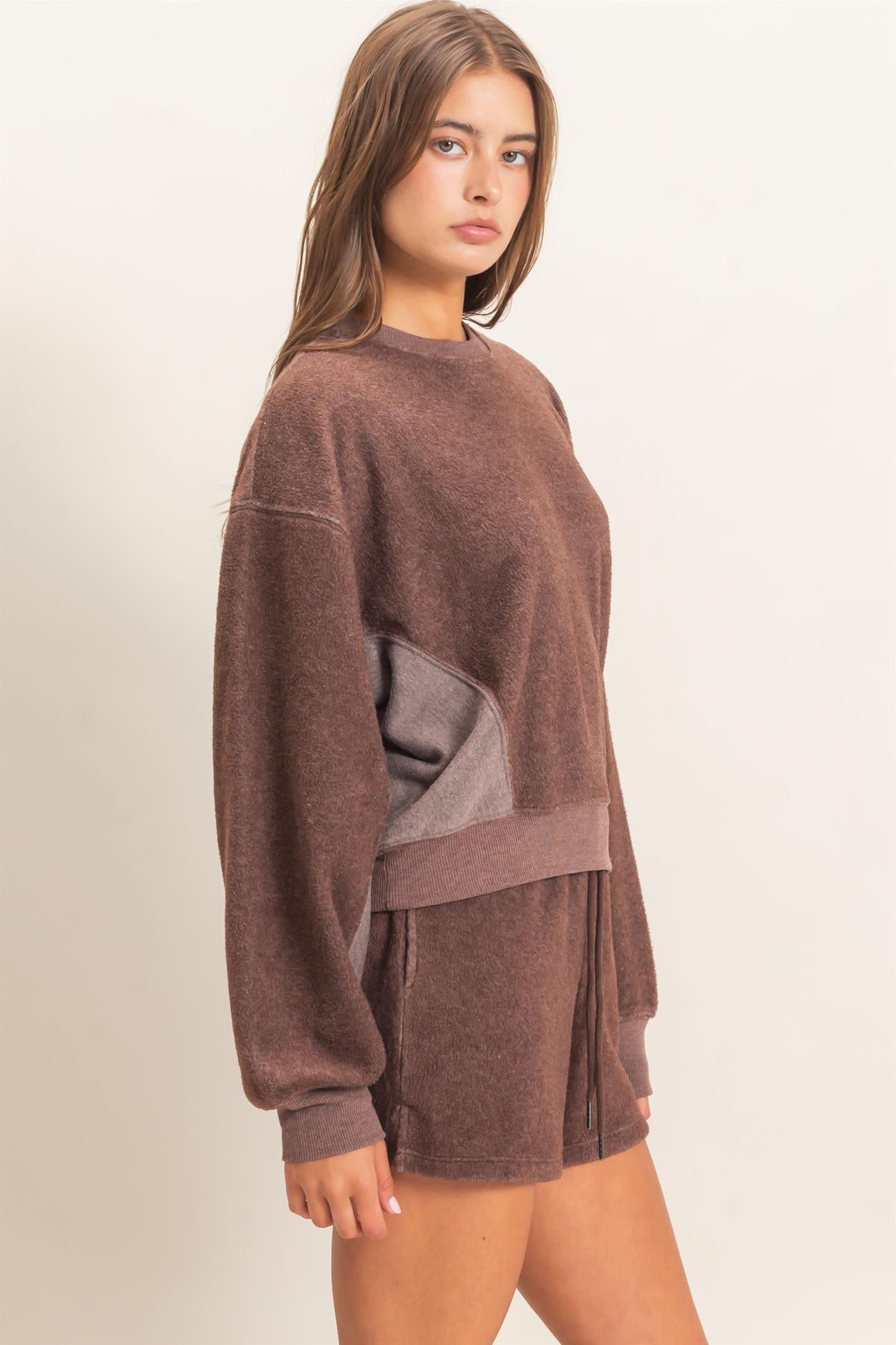 Wholesale Contrast Sweatshirt & Shorts Set Clothing DZ25F478-SET DARK BROWN DOUBLE ZERO