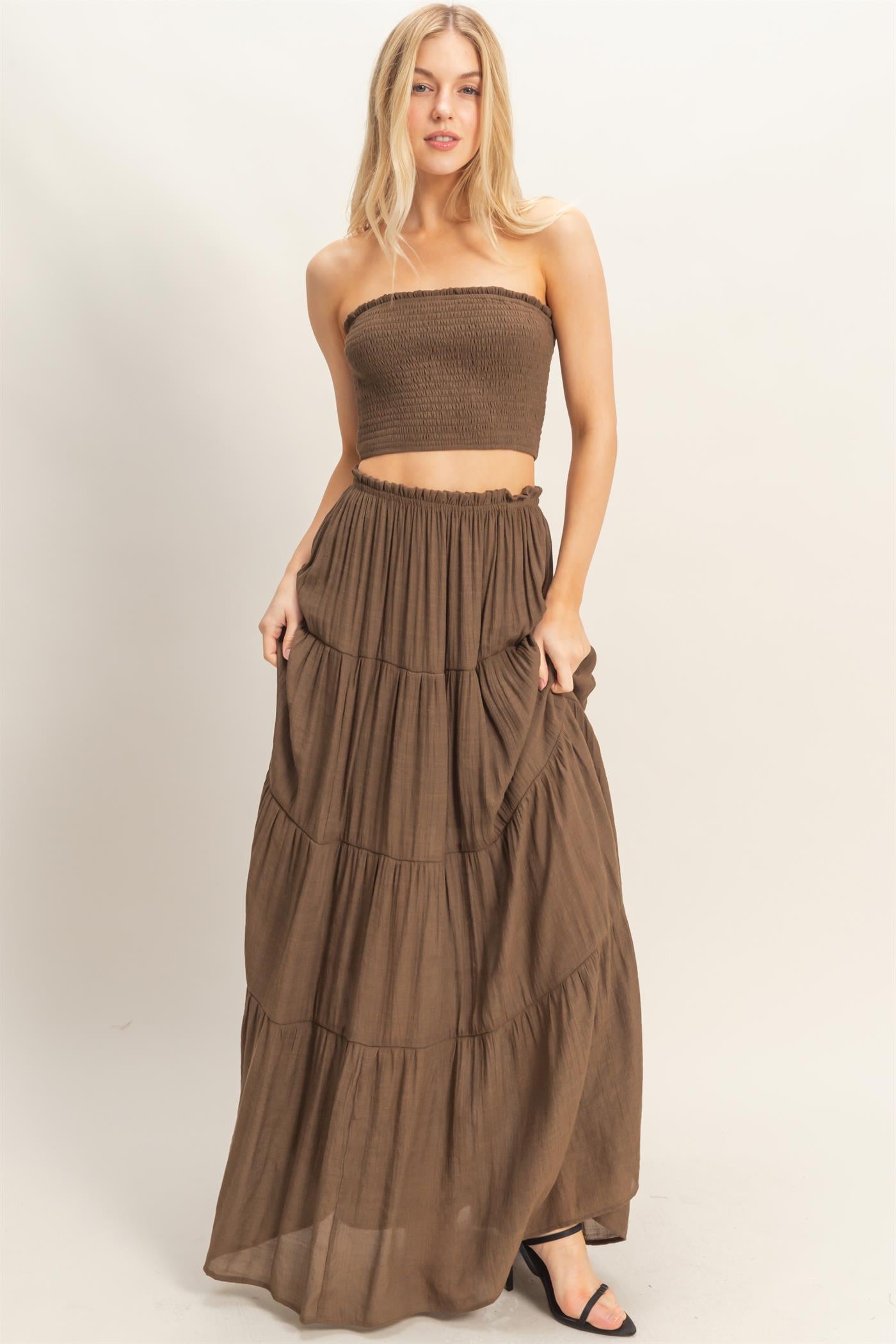 Wholesale Smocked Tube Top & Tiered Skirt Set Clothing HF26C289-SET-D CHOCOLATE HYFVE