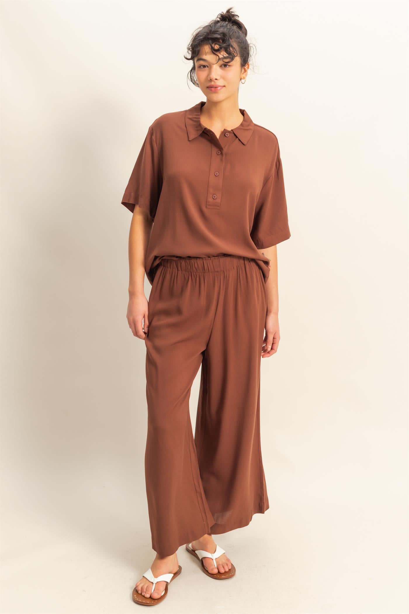 Wholesale High Waist Woven Wide Leg Pants Pants DZ25C192 CHESTNUT DOUBLE ZERO