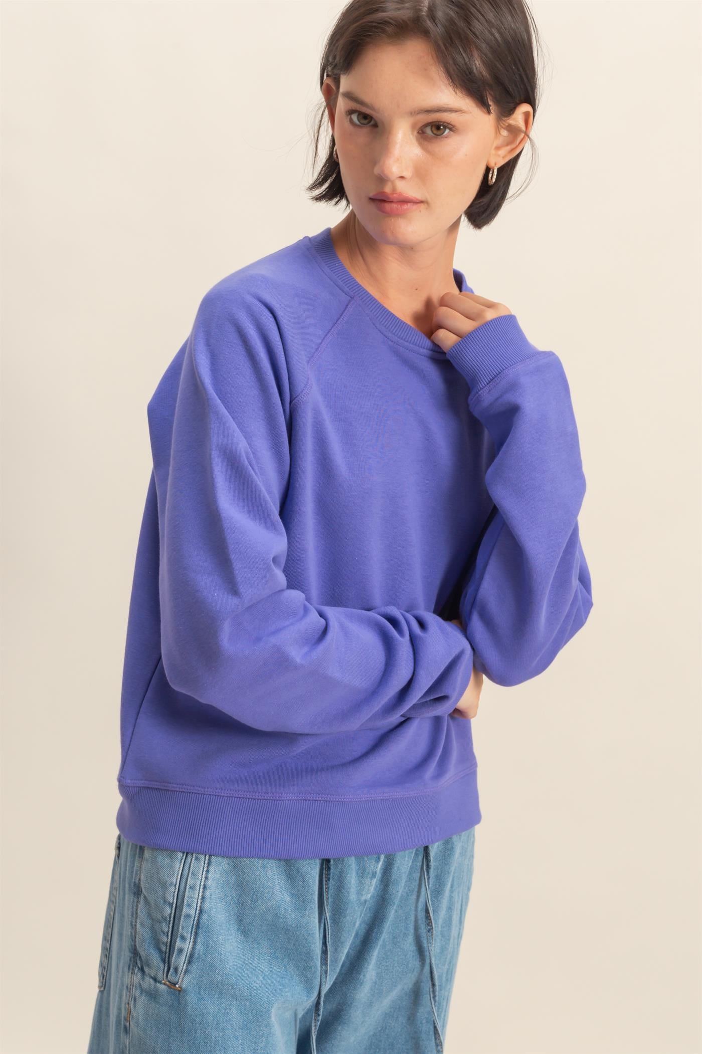 Wholesale Crew Neck Raglan Sleeve Comfy Pullover Sweatshirt Sweatshirts DZ25E237 IRIS PURPLE DOUBLE ZERO