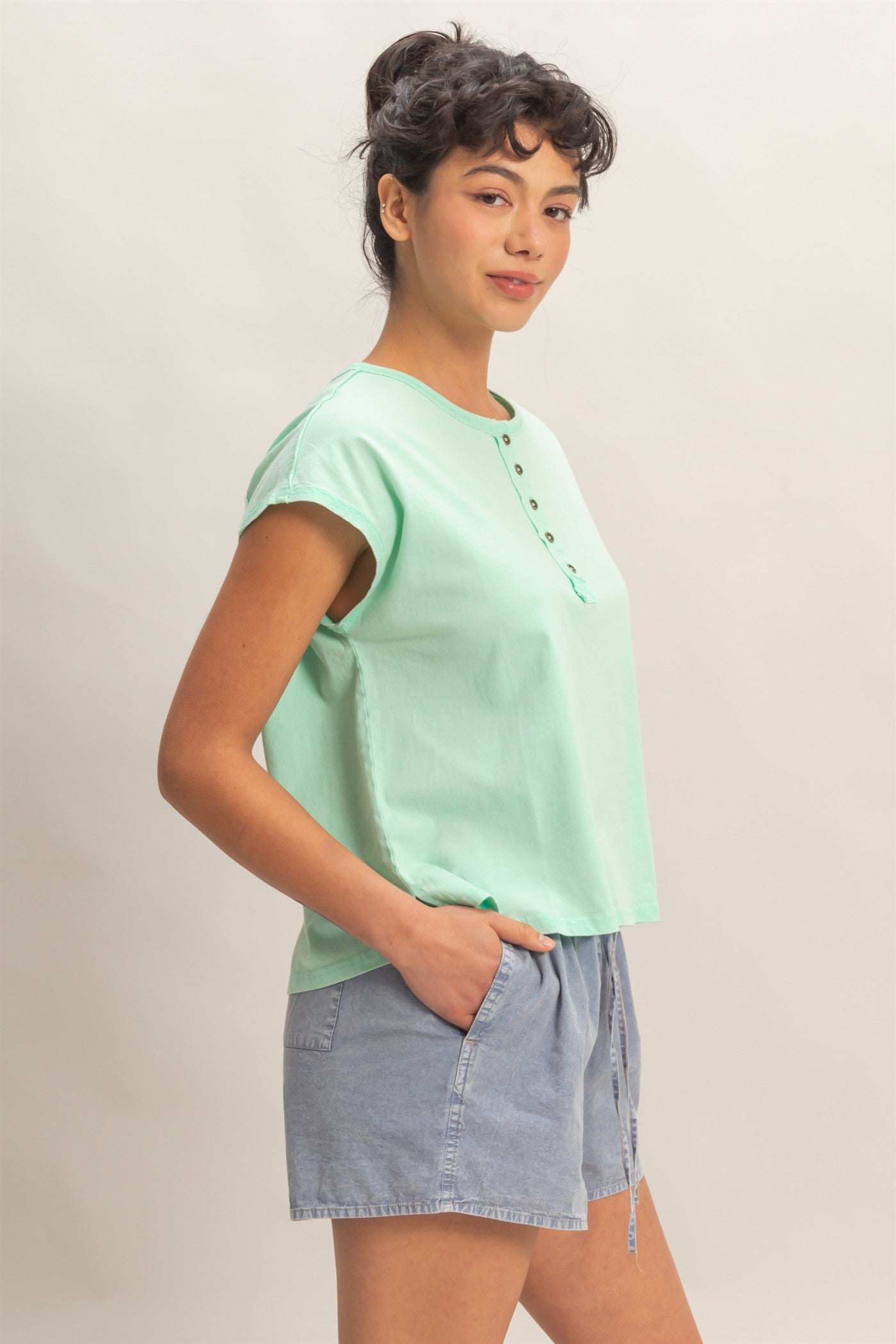 Wholesale Henley Neck Cap Sleeve Top Clothing Tops DZ26E279 MINT DOUBLE ZERO