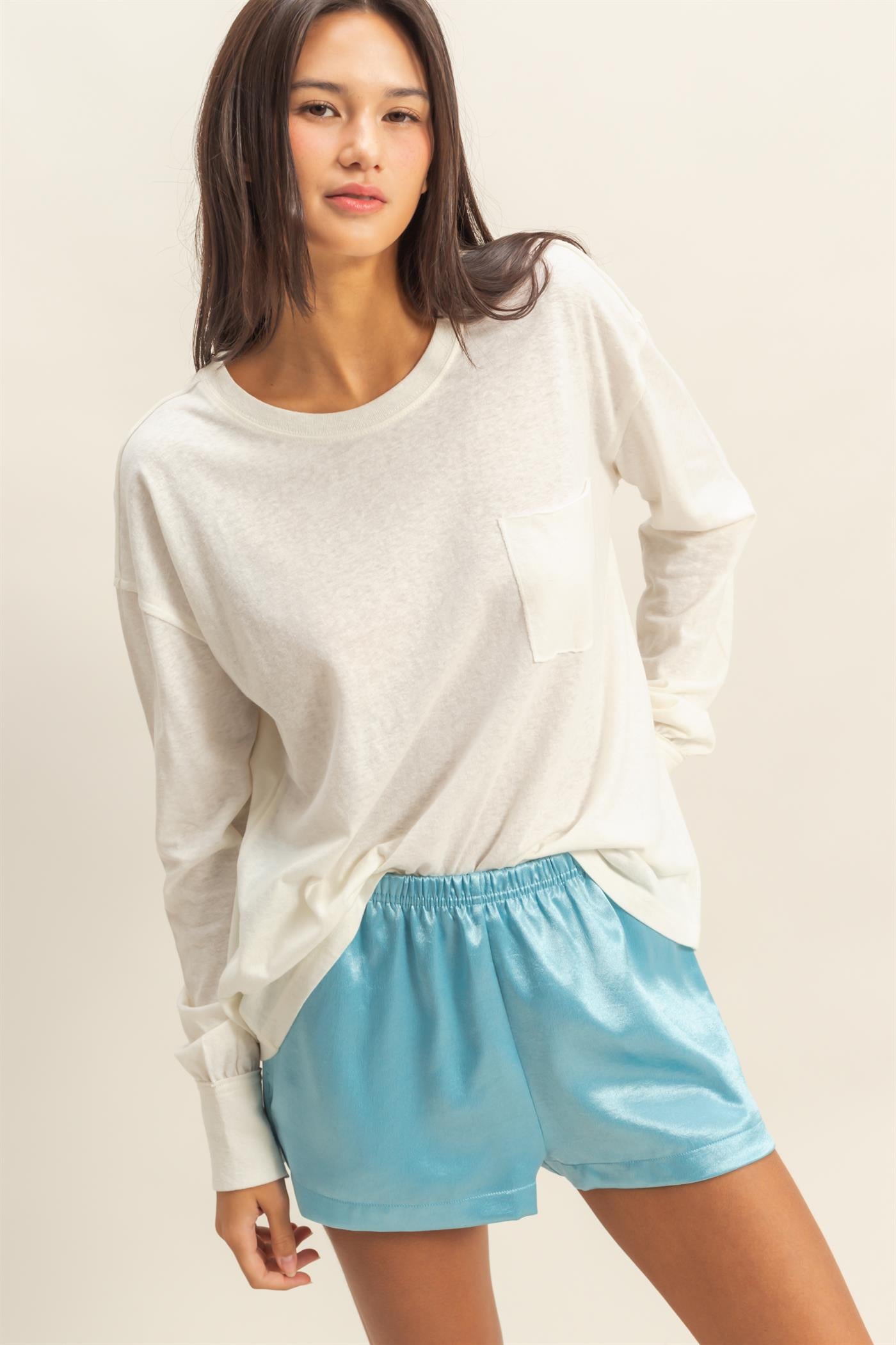 Wholesale Long Sleeve Pocket T-Shirt Clothing Tops DZ23G149 CREAM DOUBLE ZERO