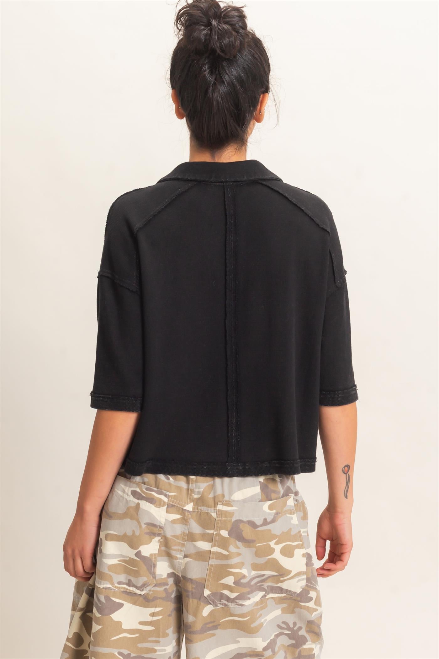 Wholesale Mineral Wash Oversized Collar Short Sleeve Top Clothing Tops DZ26E813 BLACK DOUBLE ZERO