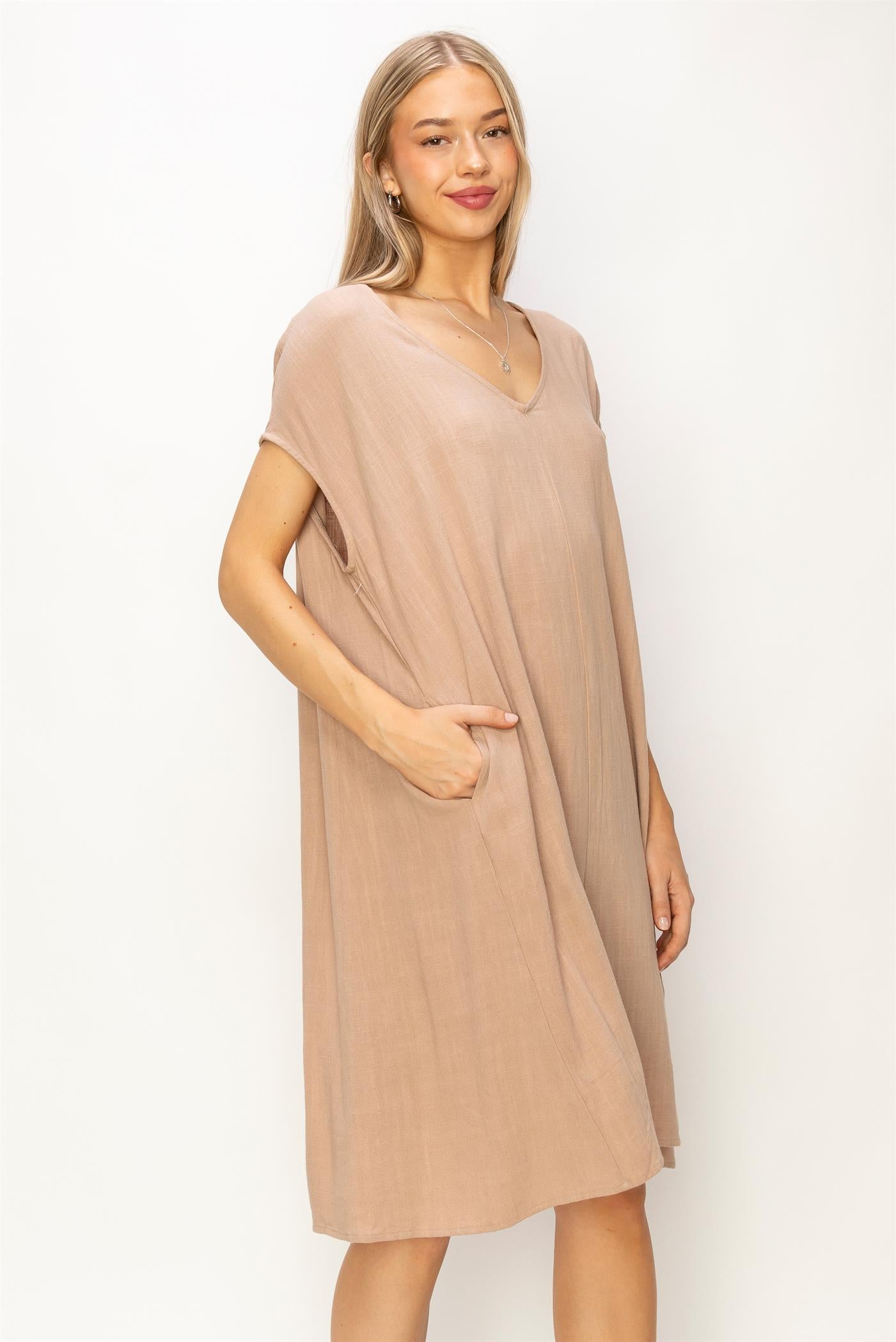 Wholesale V-Neck Oversized Linen Midi Dress Dresses DZ23E033-D TAN DOUBLE ZERO