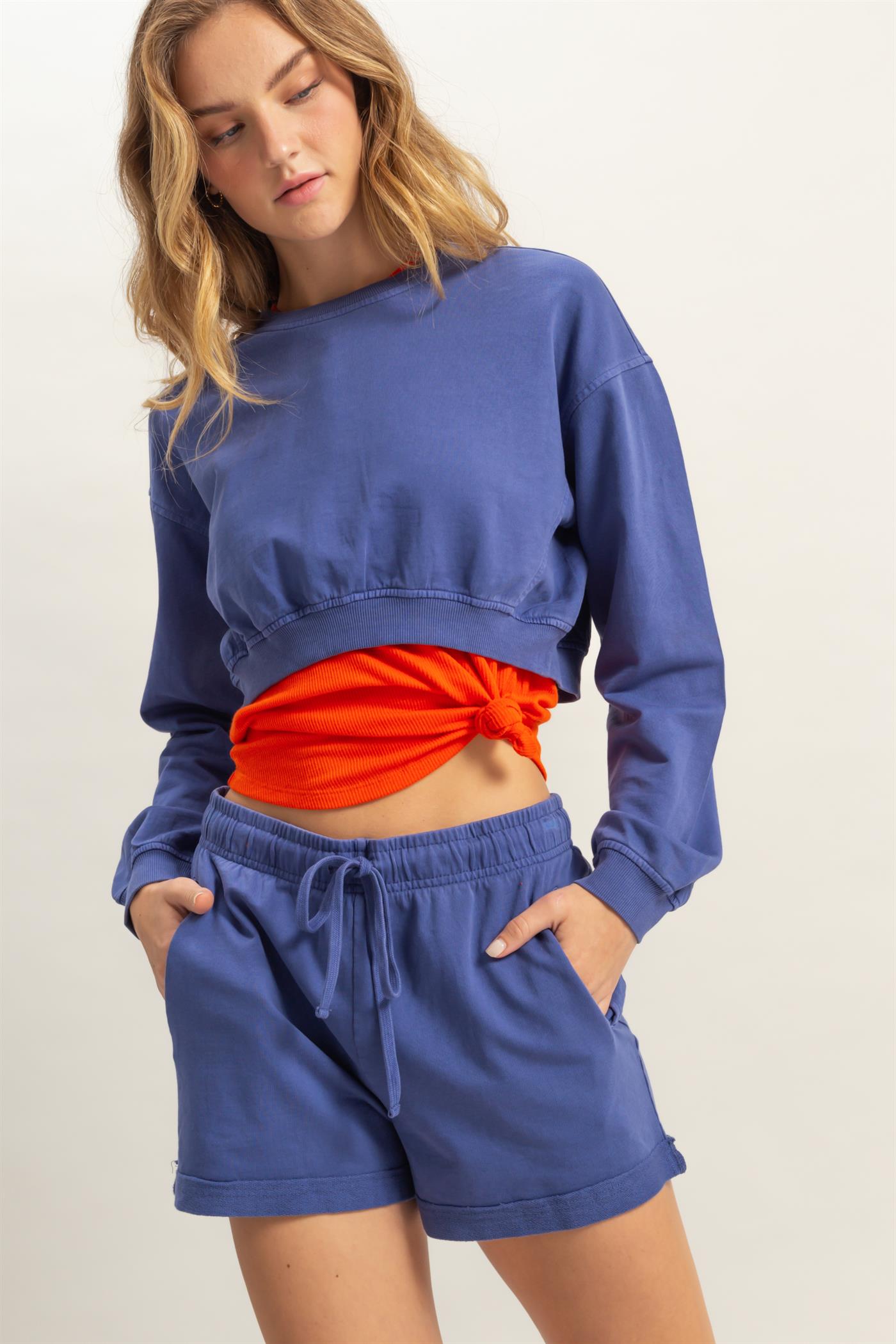 Wholesale Crew Neck Long Sleeve Crop Sweatshirt Sweatshirts DZ25A923 DUSTY INDIGO DOUBLE ZERO