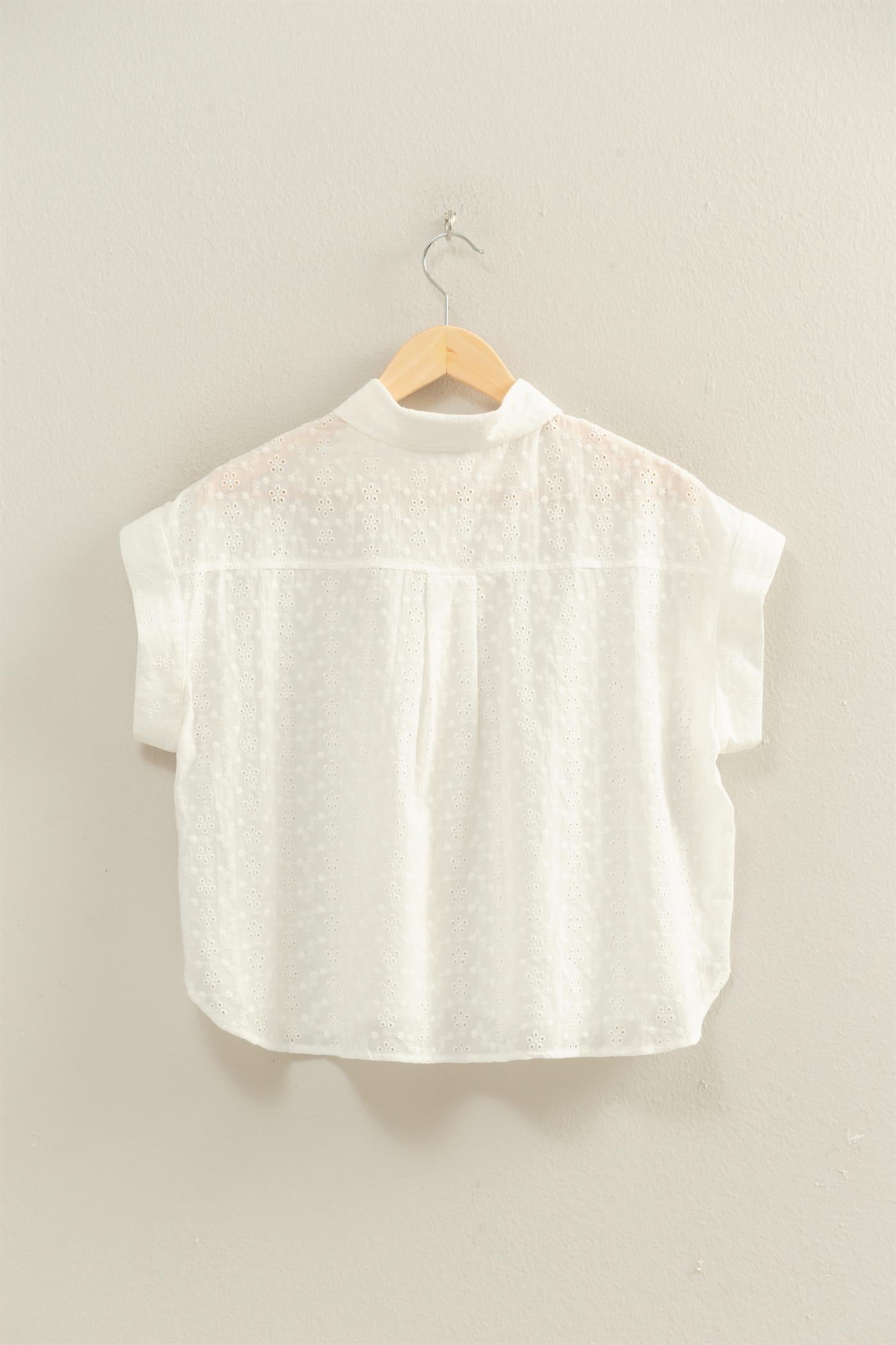 Wholesale Eyelet Dolman Short Sleeve Button Up Shirt Clothing Tops DZ26C088 WHITE DOUBLE ZERO