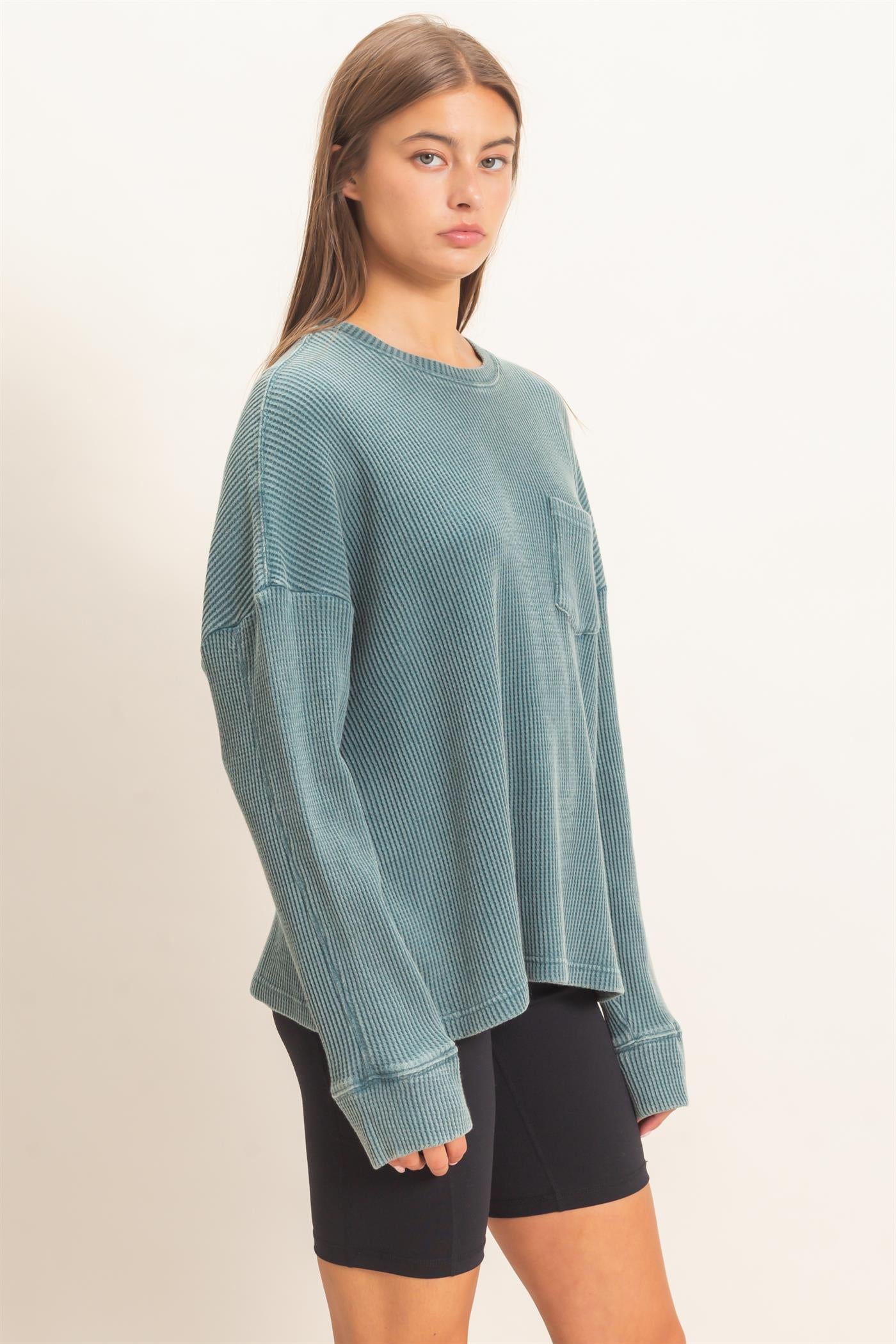 Wholesale Mineral Wash Waffle Long Sleeve Top Clothing Tops DZ26F242 DARK TEAL DOUBLE ZERO