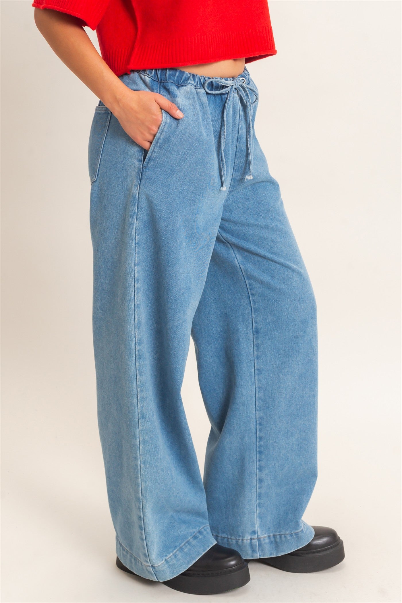 Wholesale Elastic Waist Wide Leg Denim Pants Pants DZ26E331 MEDIUM BLUE DOUBLE ZERO