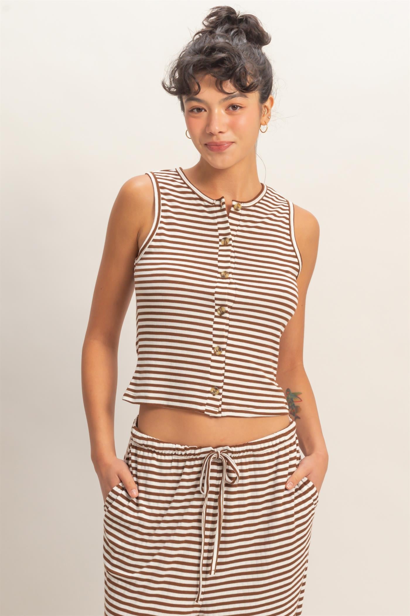 Wholesale Striped Button-Front Crew Neck Sleeveless Top Clothing Tops DZ26C075 BROWN DOUBLE ZERO