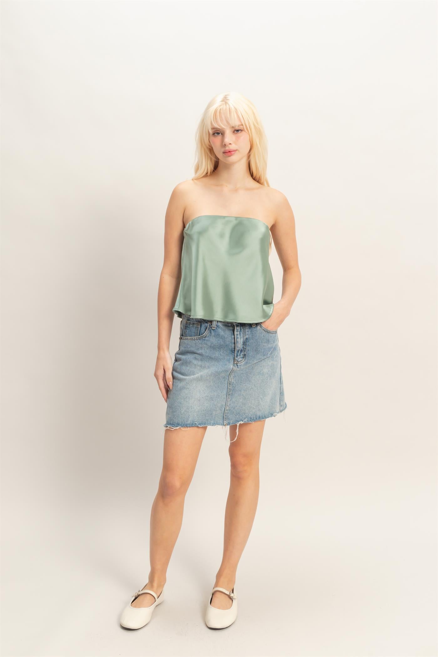 Wholesale Satin Strapless Tube Top Clothing Tops DZ26C398 SAGE GREEN DOUBLE ZERO