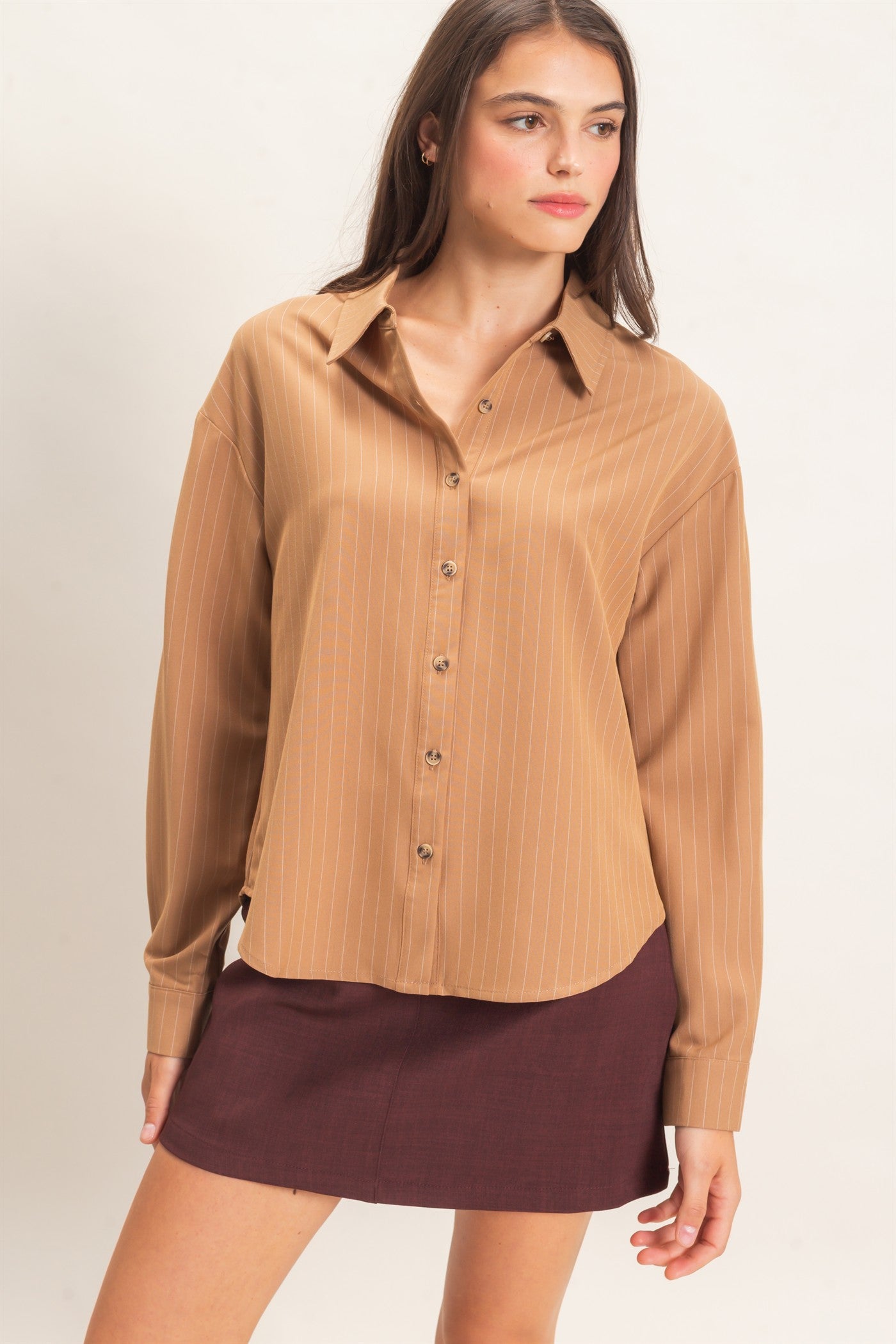 Wholesale Striped Button-Up Shirt Shirts HF27A425 LIGHT BROWN HYFVE