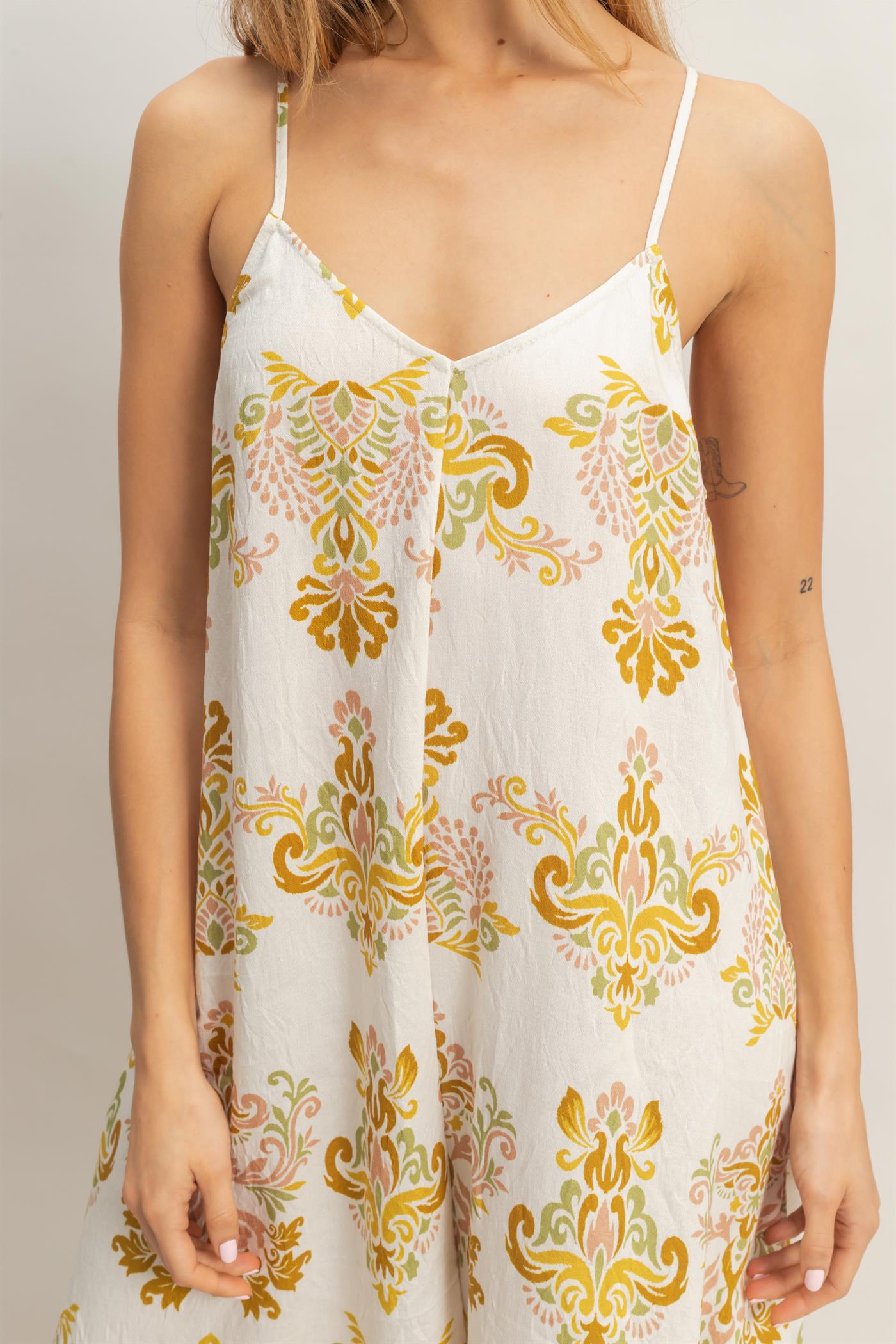 Wholesale Floral Print Spaghetti Jumpsuit Clothing HF26C357-D MUSTARD HYFVE