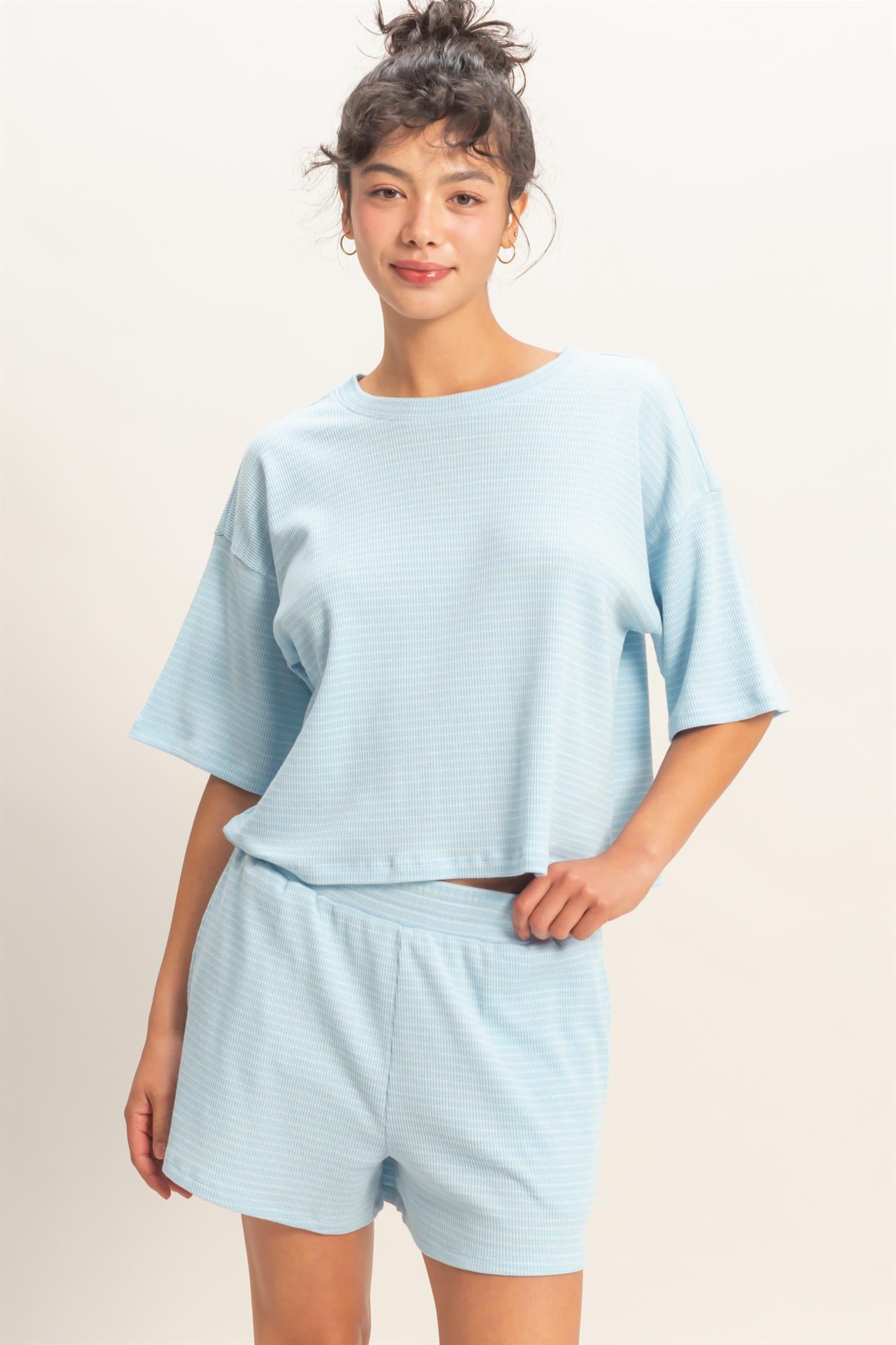 Wholesale Striped Round Neck Top & Shorts Set Clothing DZ26A045-SET BABY BLUE DOUBLE ZERO