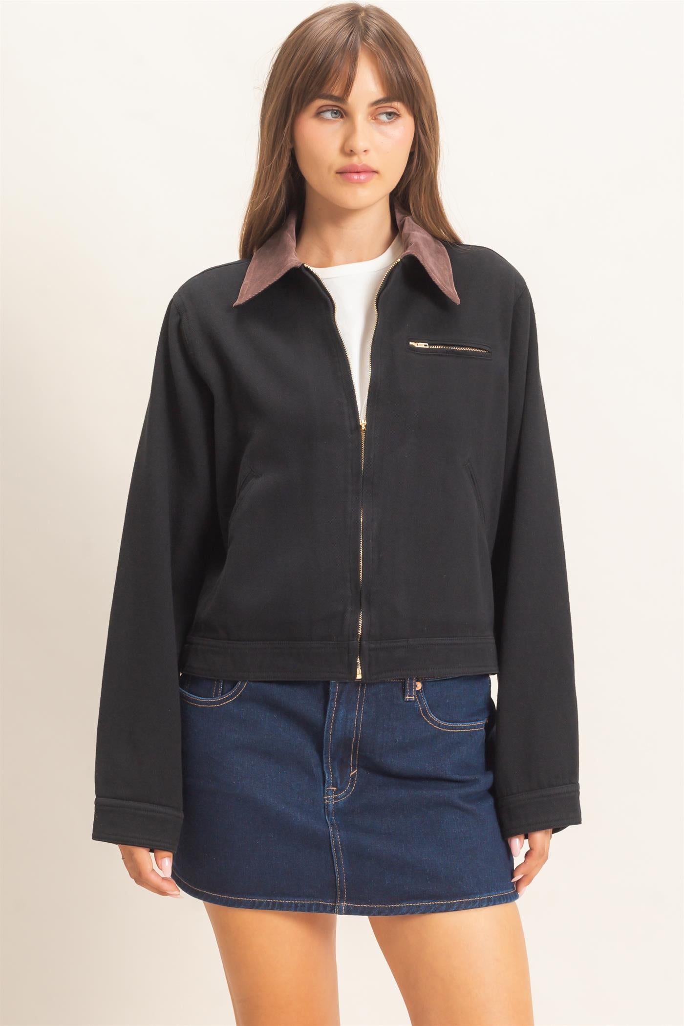 Wholesale Twill Jacket With Corduroy Collar Outerwear HF26E011 BLACK HYFVE