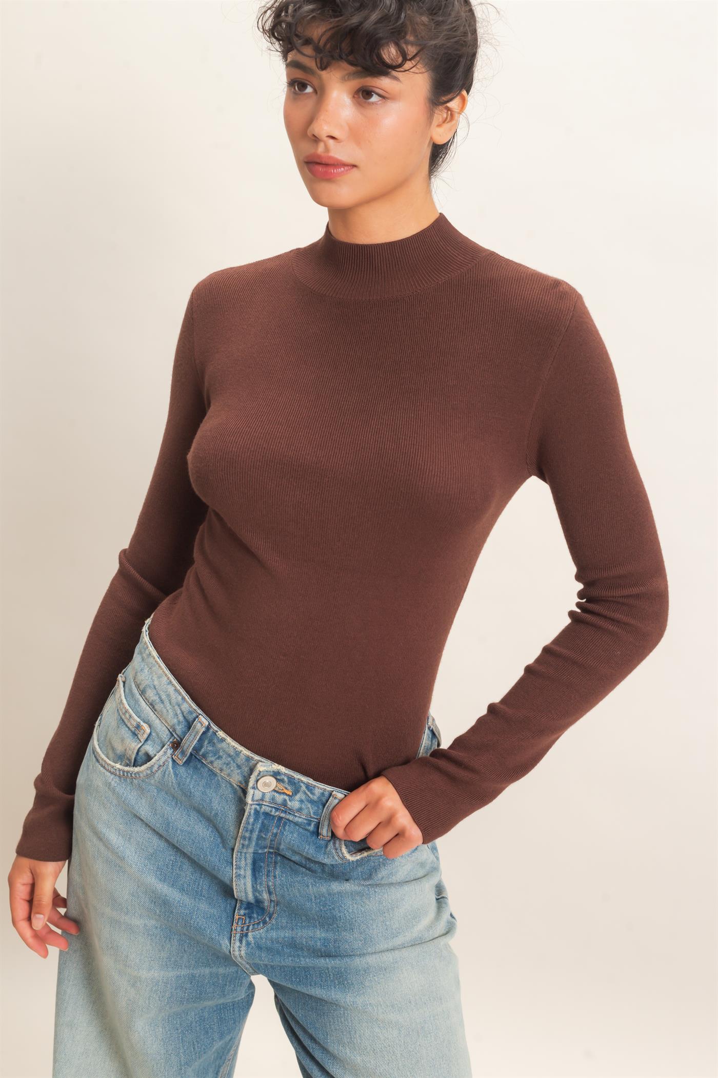 Wholesale Ribbed Mock Neck Long Sleeve Knit Top Clothing Tops DZ26F201 DARK BROWN DOUBLE ZERO
