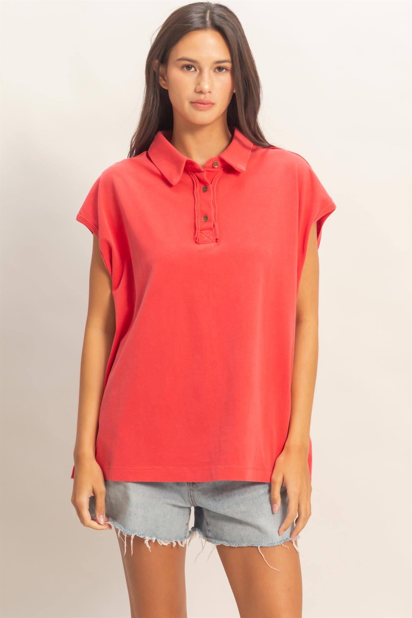 Wholesale Pigment Dye Sleeveless Polo Oversized Top Clothing Tops DZ26C618 RED DOUBLE ZERO