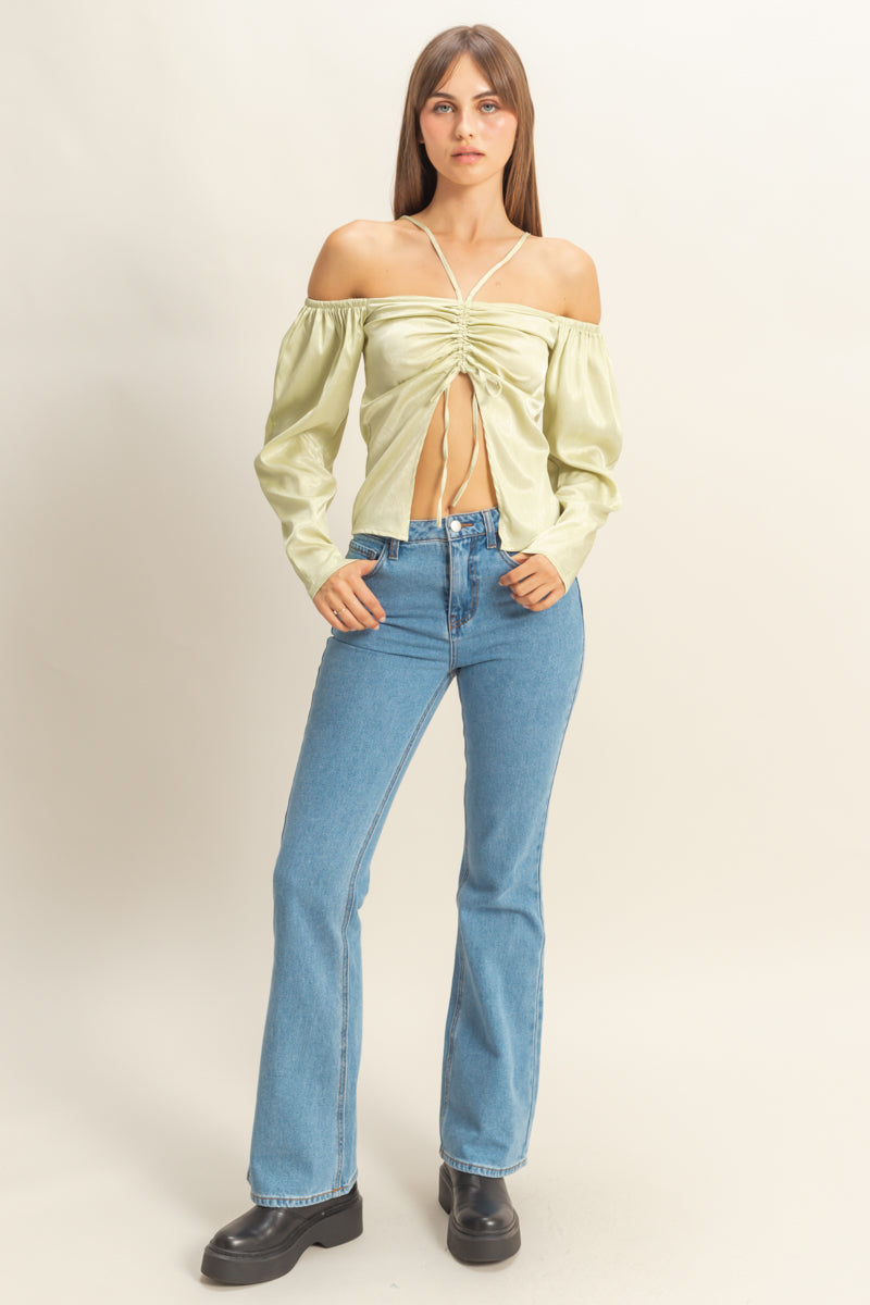 Wholesale Tie-Front Off-Shoulder Blouse Clothing Tops FS22E859 SAGE HYFVE
