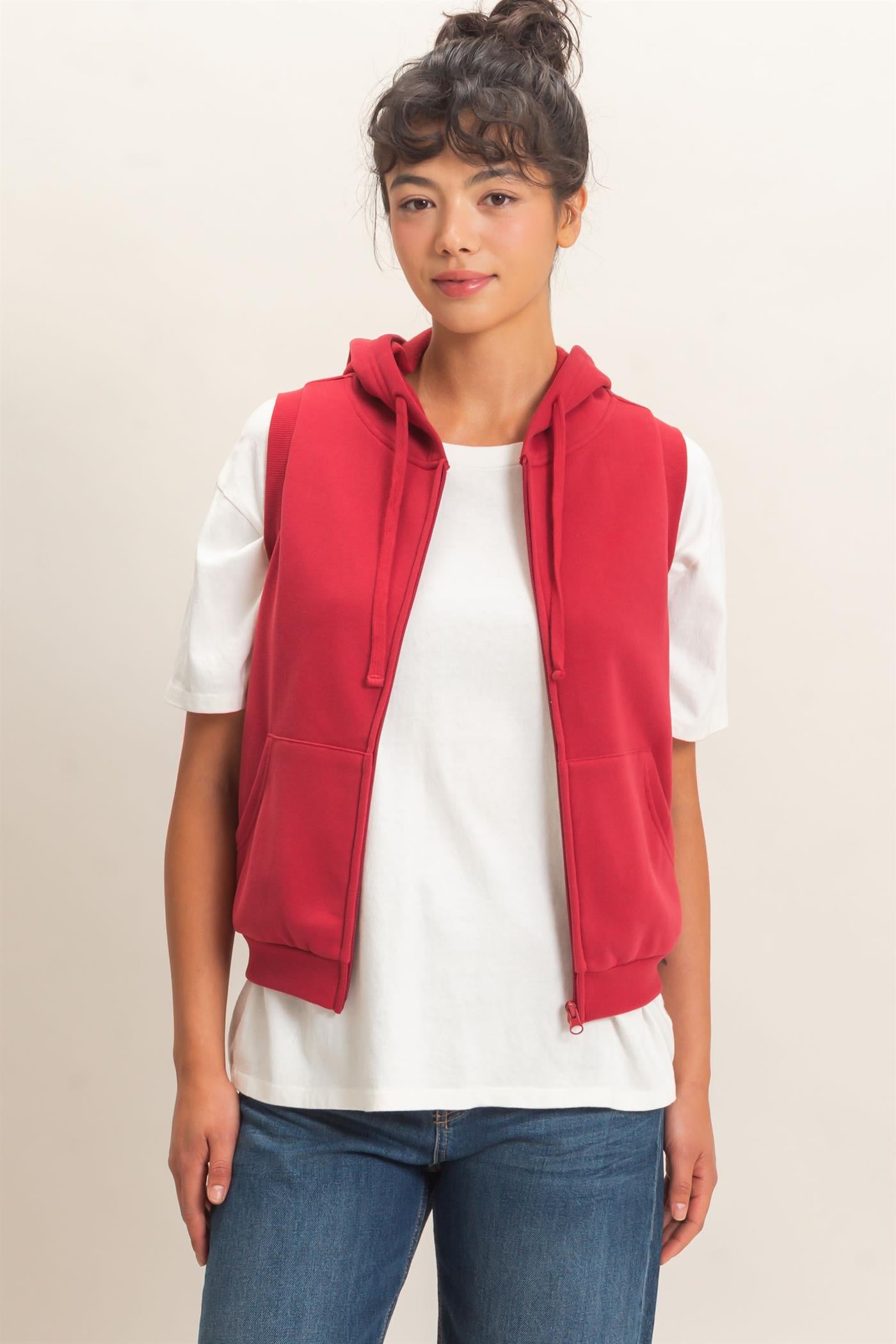Wholesale Sleeveless Zip Up Hoodie Hoodies DZ26E330 DARK RED DOUBLE ZERO