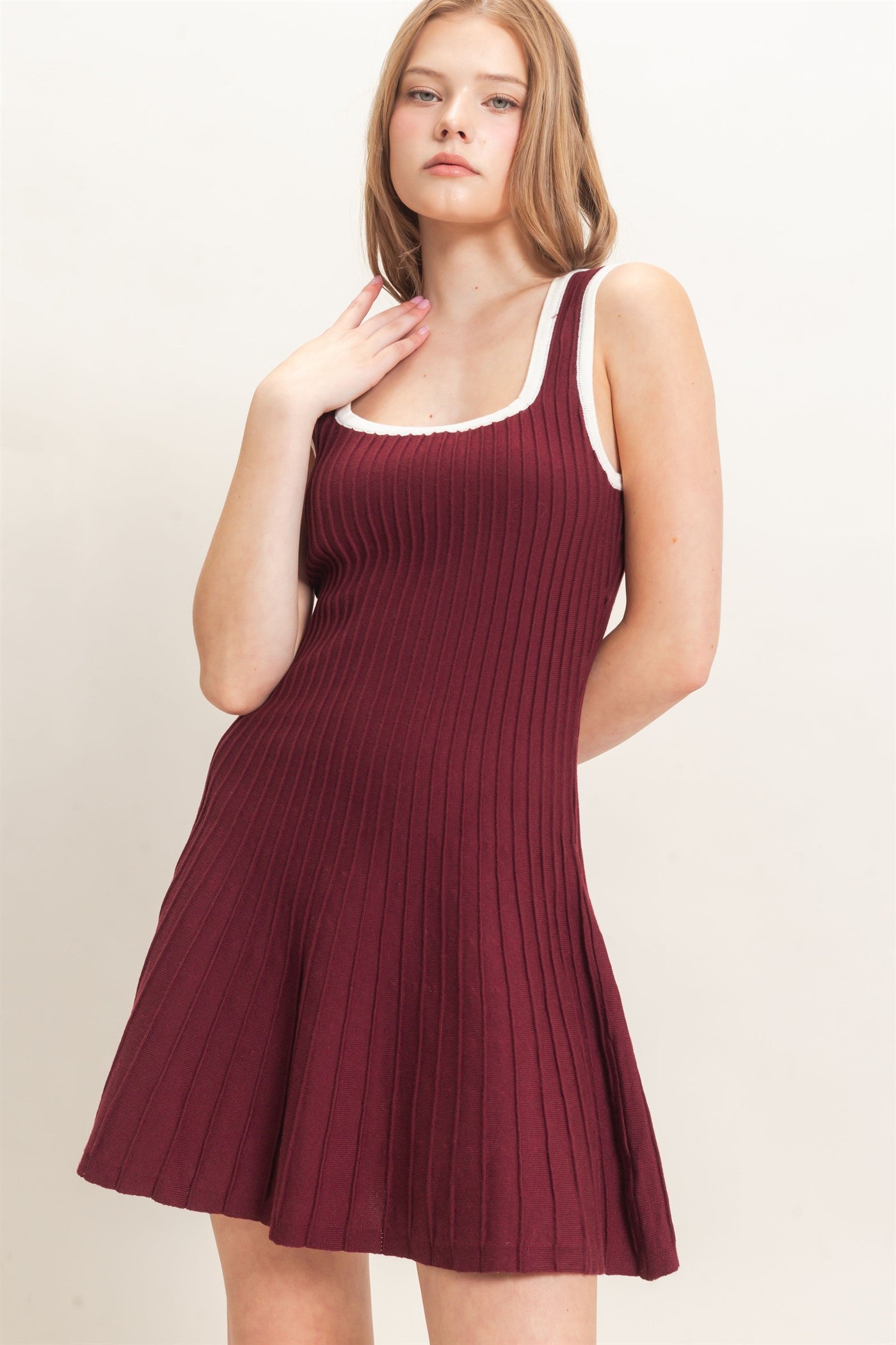 Wholesale Ribbed Square Neck Mini Dress Dresses HF26F213 WINE HYFVE