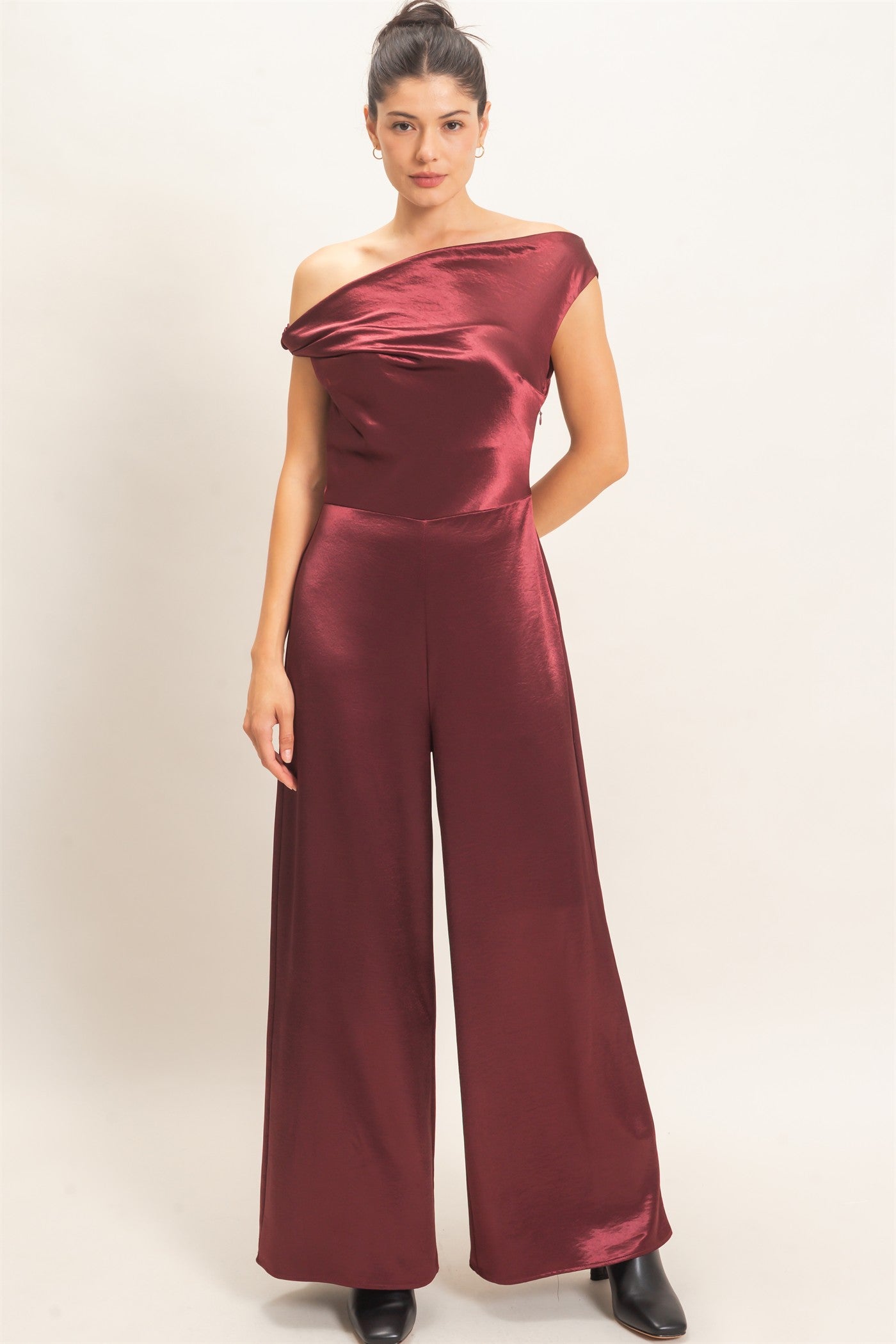 Wholesale Asymmetrical Cowl Neck Wide Leg Jumpsuit Clothing HF26F009 WINE HYFVE
