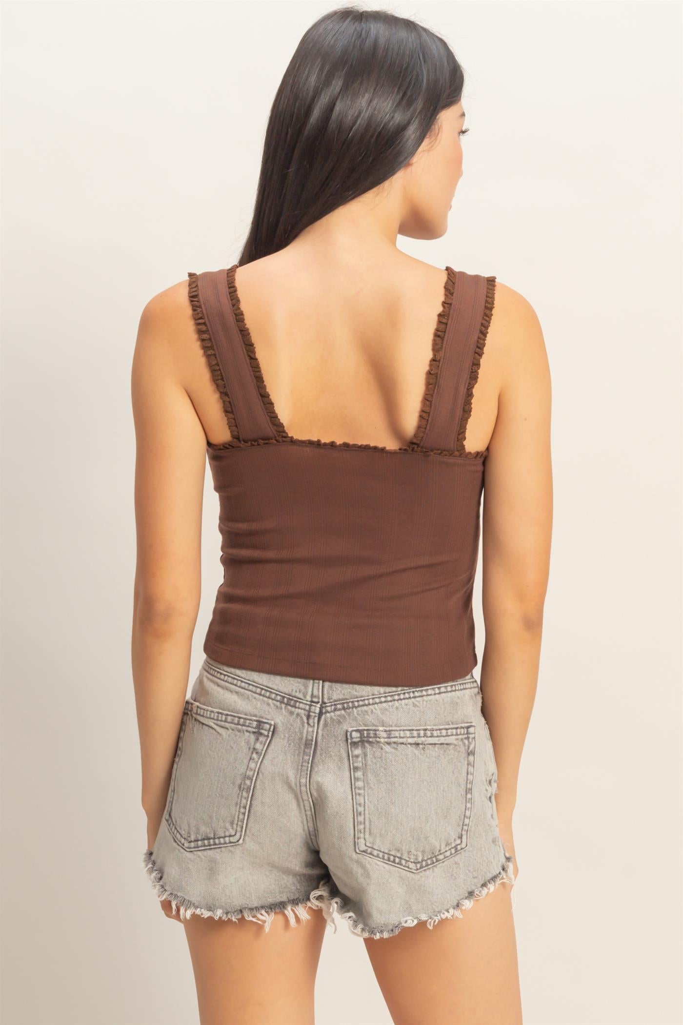 Wholesale Pointelle Shirred Trim Tank Top Clothing Tops DZ26A812 CHOCOLATE DOUBLE ZERO