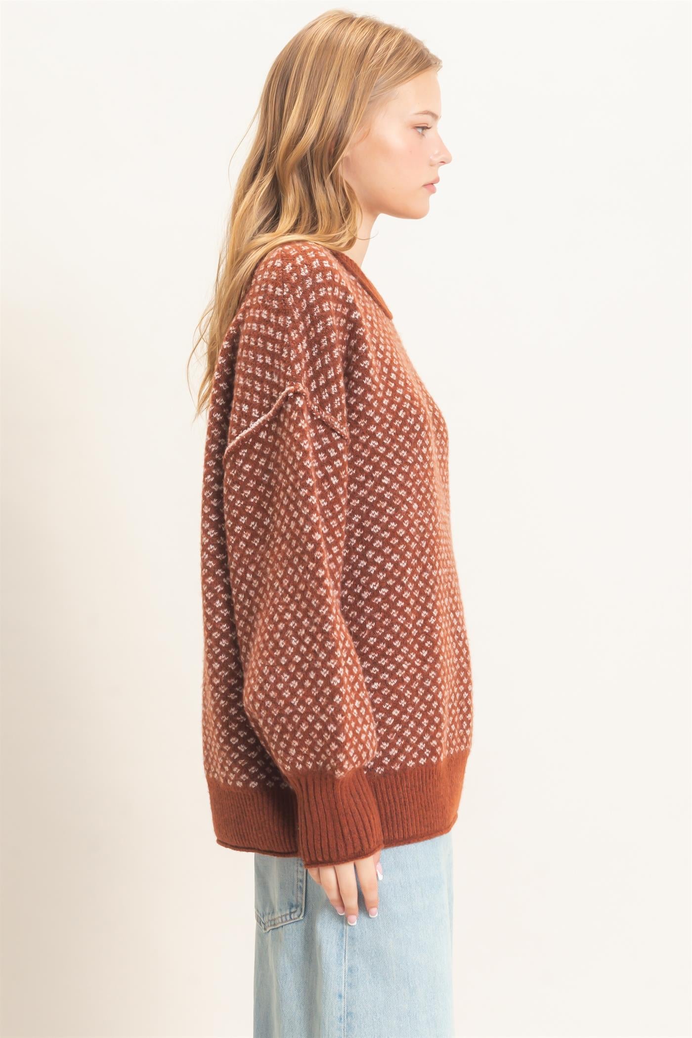 Wholesale Diamond Jacquard Knit Sweater Sweaters HF26E891 BROWN GINGER HYFVE