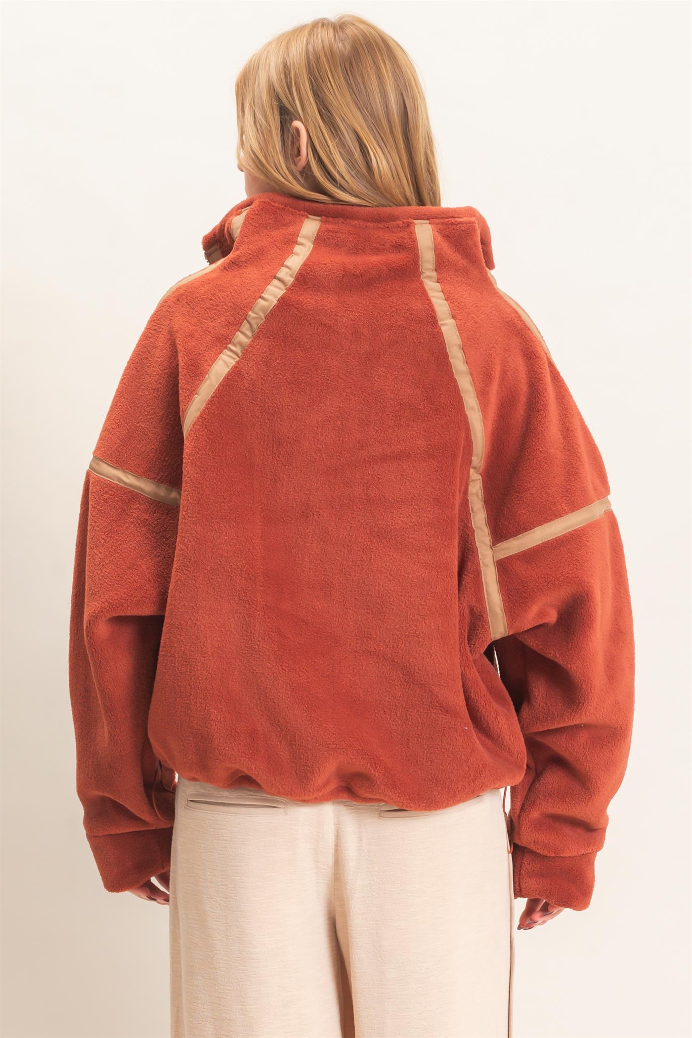 Wholesale Contrast Trim Half-Zip Fleece Pullover Outerwear HF26F206-D BRICK HYFVE