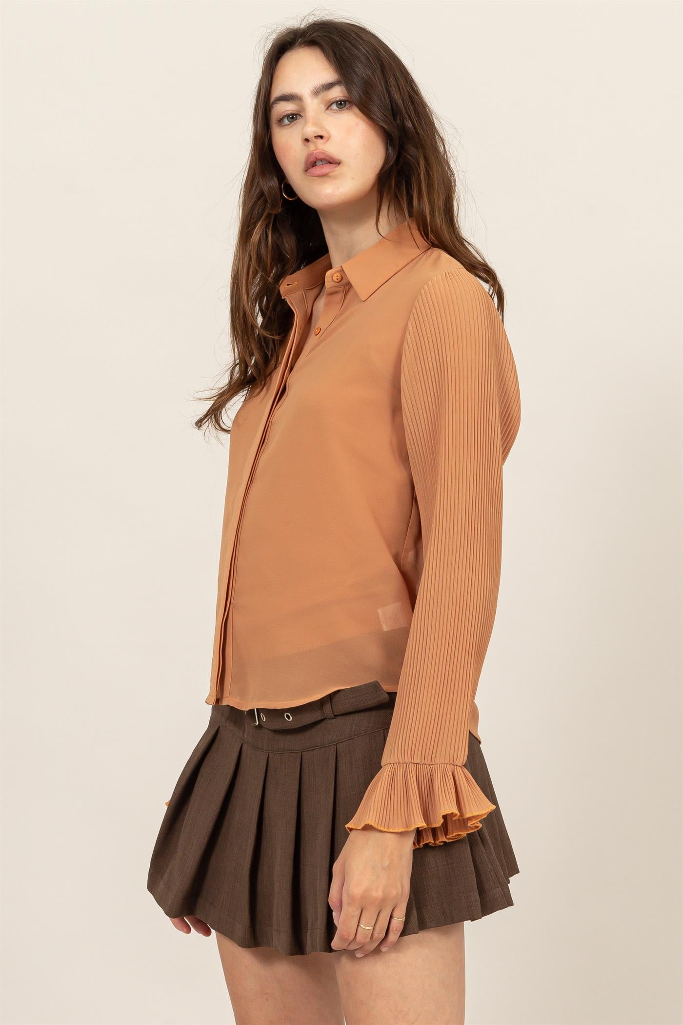 Wholesale Bell Sleeve Blouse With Inside Lining Clothing Tops HF25A769 ALMOND HYFVE