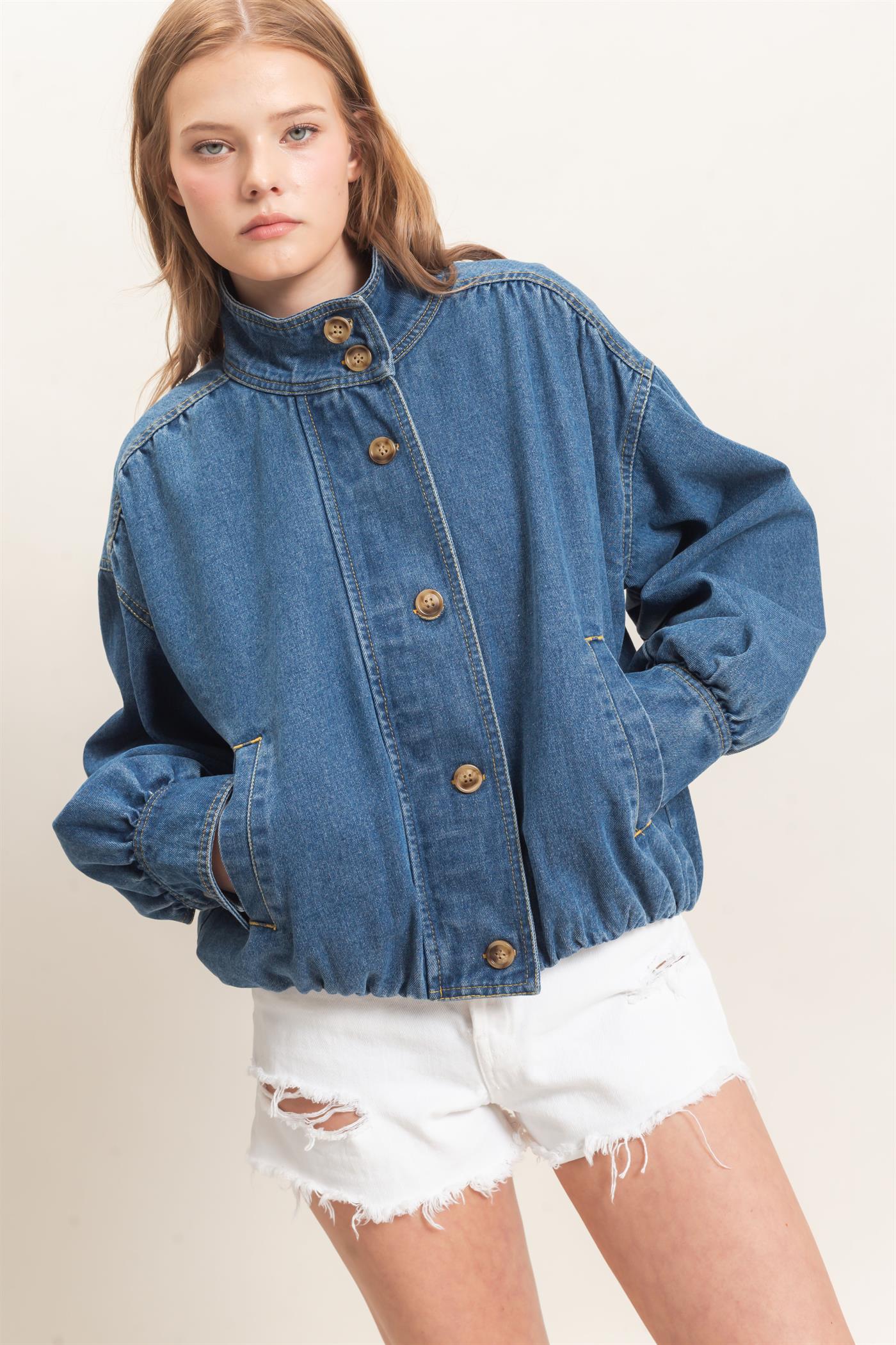 Wholesale High Collar Denim Bomber Jacket Coats & Jackets HF26E090-D LIGHT DENIM HYFVE