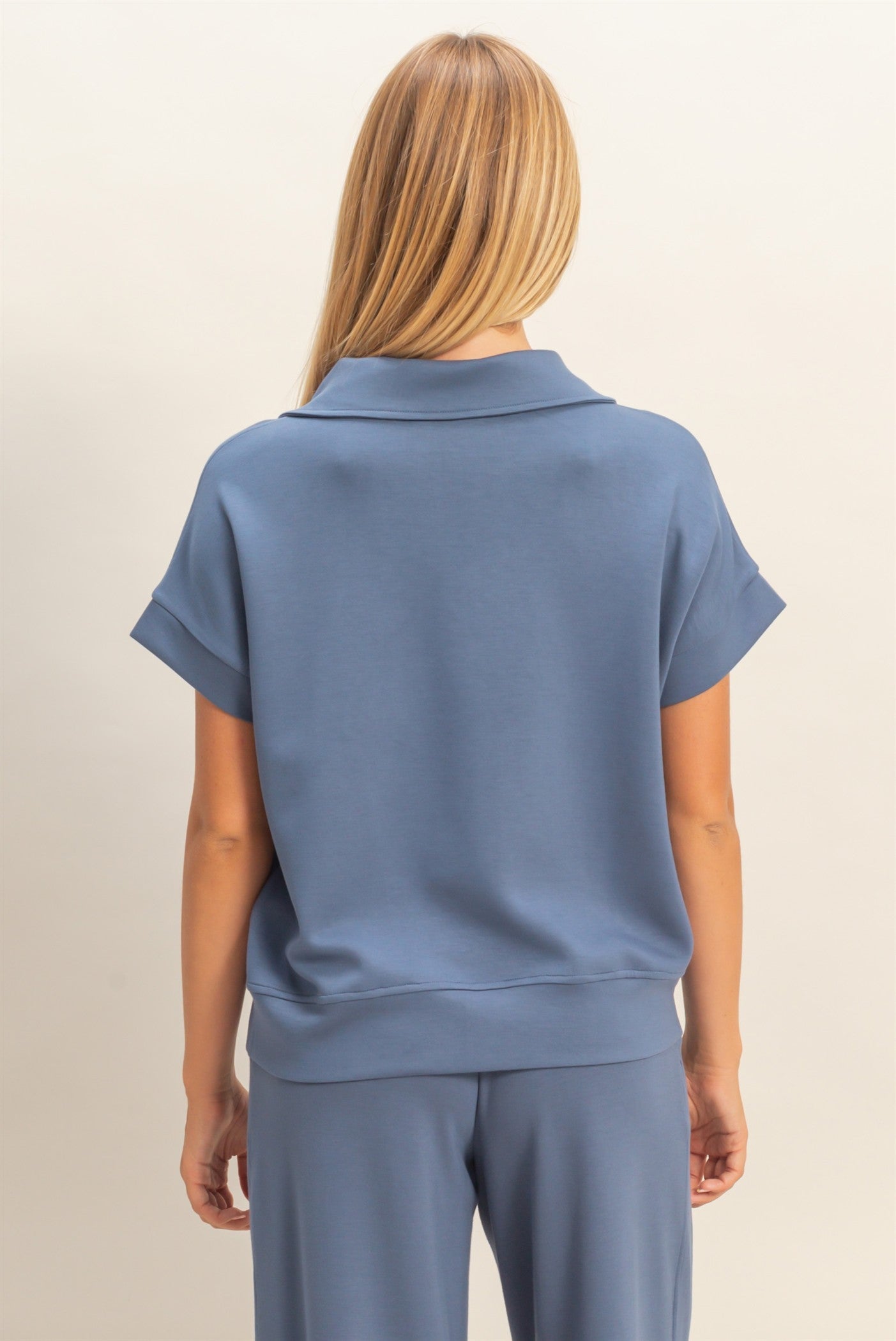 Wholesale Short Sleeve High Neck Half-Zip Top Clothing Tops DZ26C735 DUSTY NAVY DOUBLE ZERO