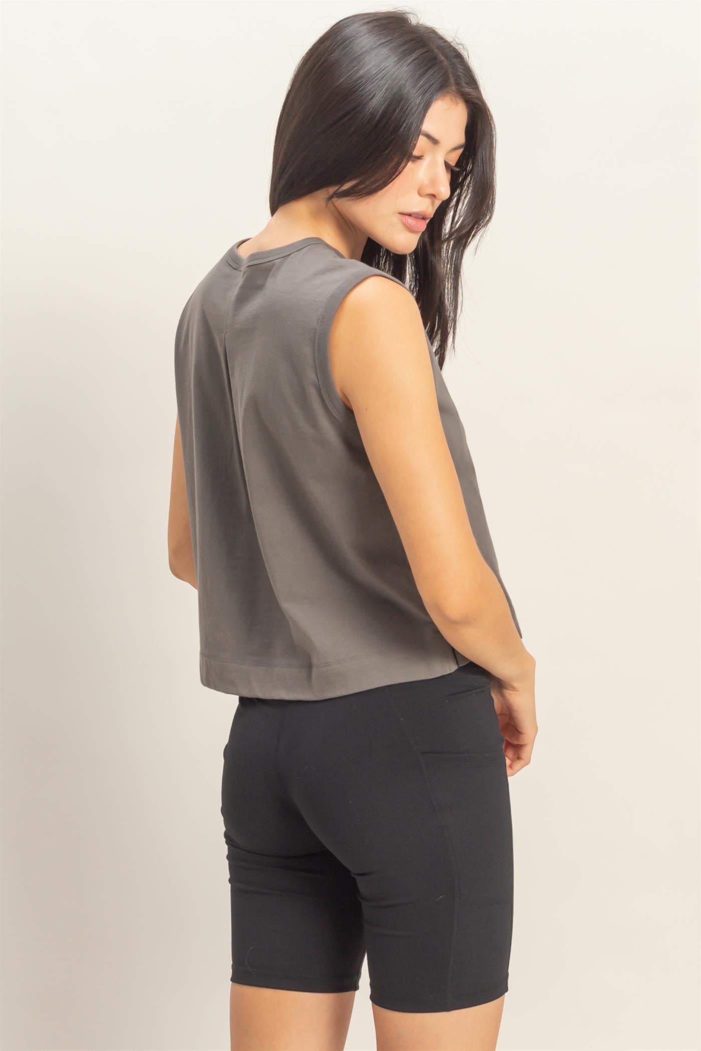 Wholesale Sleeveless Crew Neck Top With Back Pleats Clothing Tops DZ26A999 CHARCOAL DOUBLE ZERO