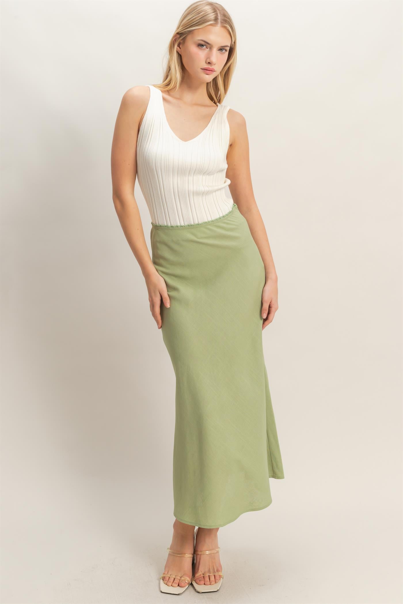 Wholesale Maxi Skirt With Elastic Waistband Skirts HF26A473-D SAGE GREEN HYFVE