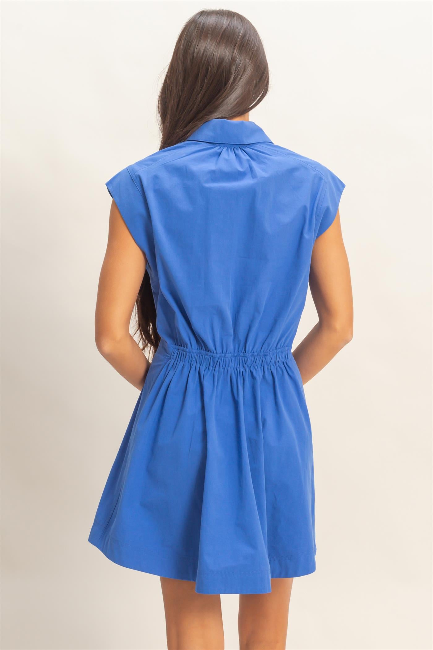 Wholesale Sleeveless Collared Shirred Mini Dress Dresses DZ26A751 COBALT DOUBLE ZERO