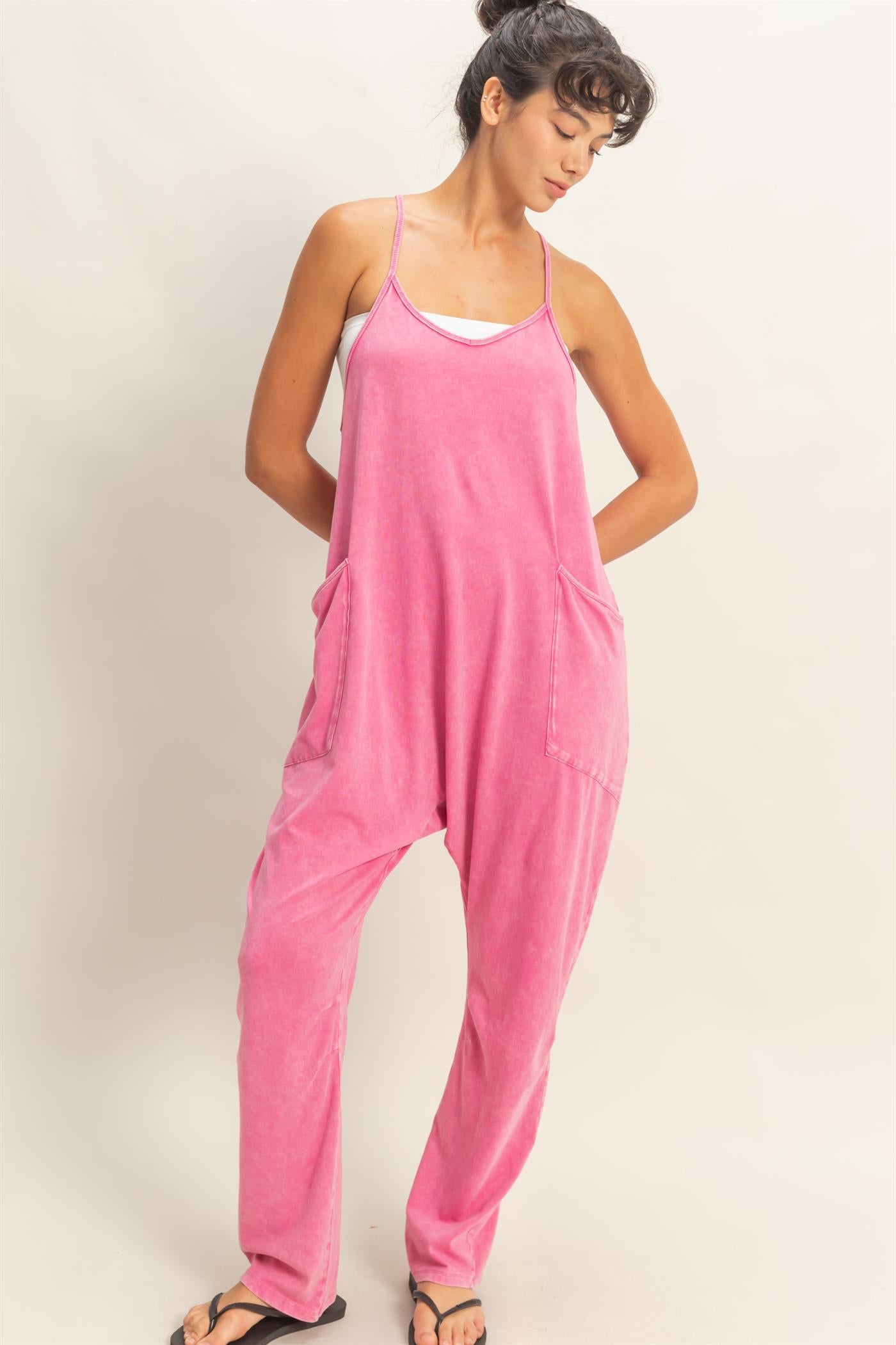 Wholesale Mineral Wash Spaghetti Strap Jumpsuit Clothing DZ26C375 FUCHSIA DOUBLE ZERO