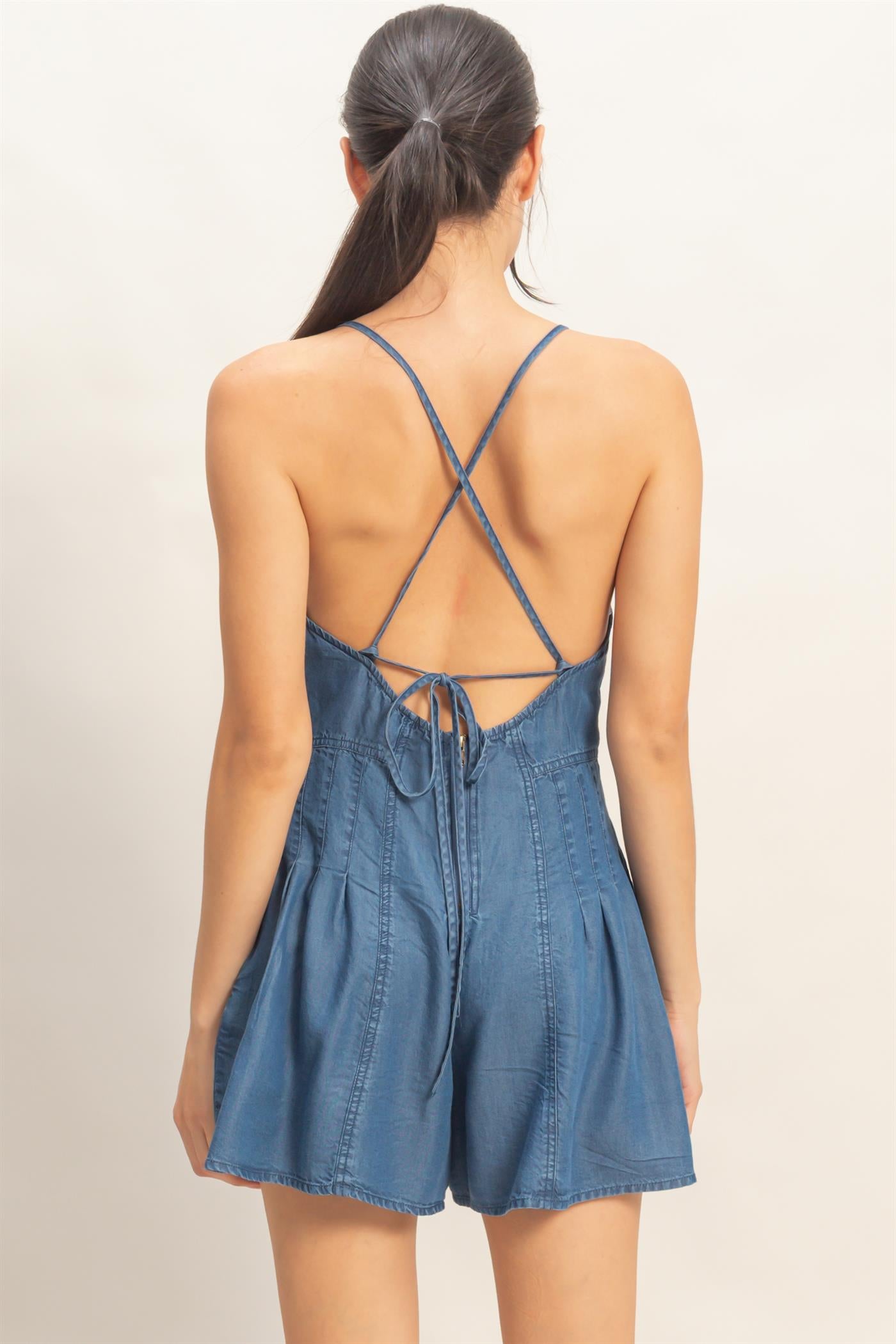 Wholesale V-Neck Denim Romper Clothing HF26A566 D.DENIM HYFVE