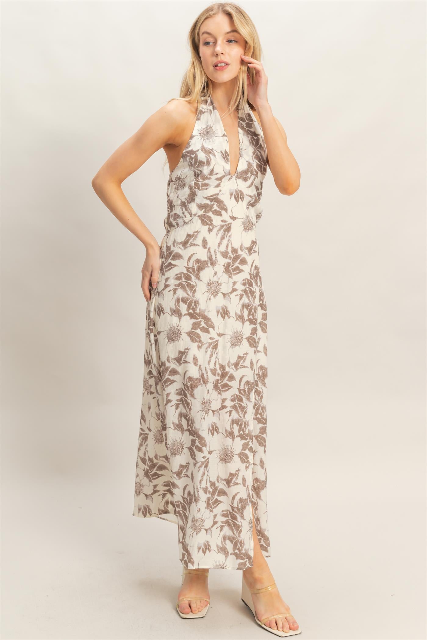 Wholesale Floral Halter Neck Dress Dresses HF26C752 CHARCOAL HYFVE