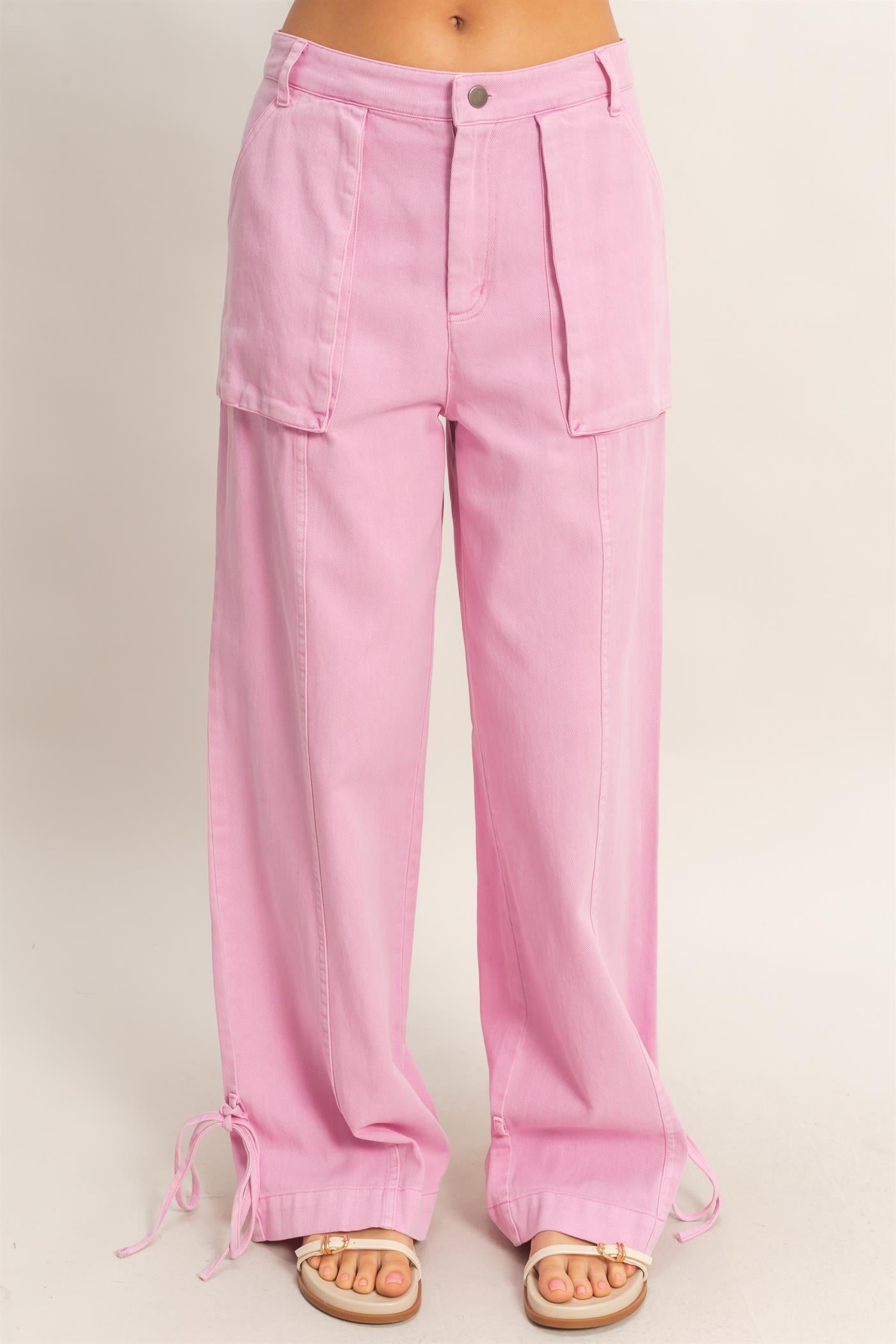 Wholesale High Rise Cargo Pants With Ankle Ties Pants DZ24C156 PINK DOUBLE ZERO