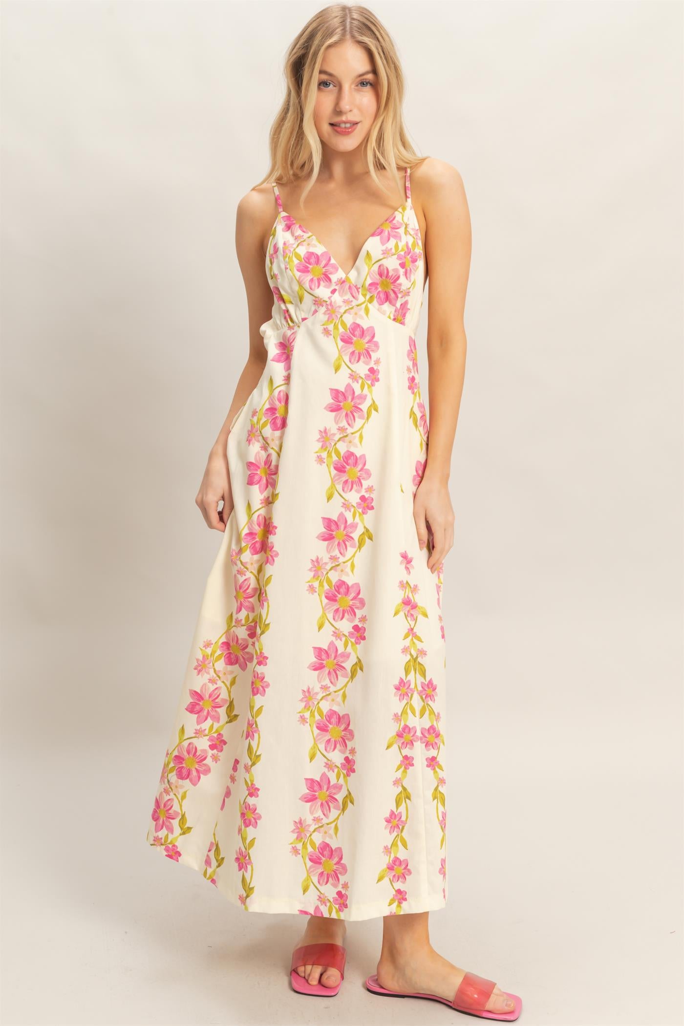 Wholesale Floral V-Neck Cami Dress Dresses HF26A493 PINK HYFVE