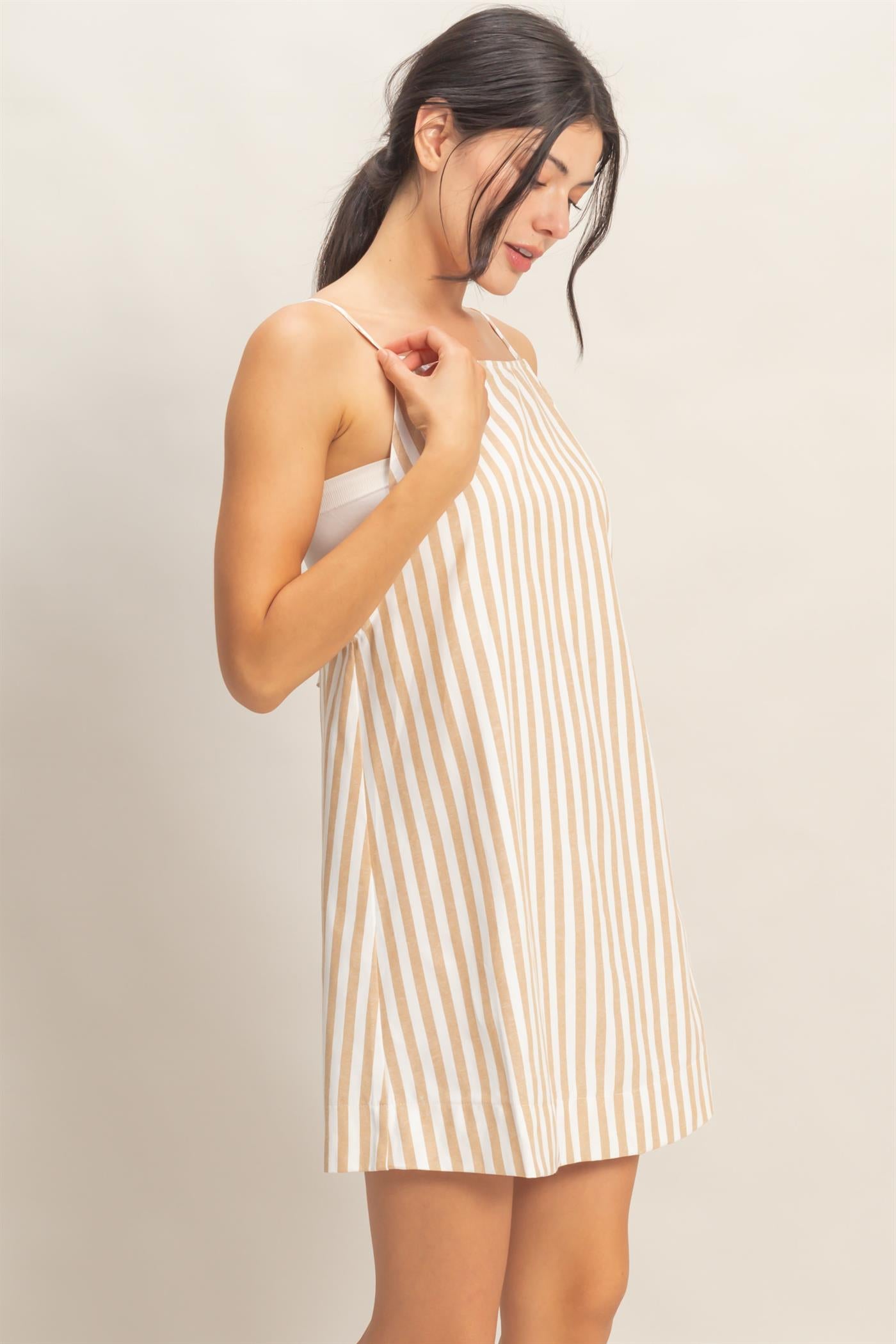 Wholesale Striped Straight Neck Mini Dress Dresses HF26C080 TAUPE HYFVE