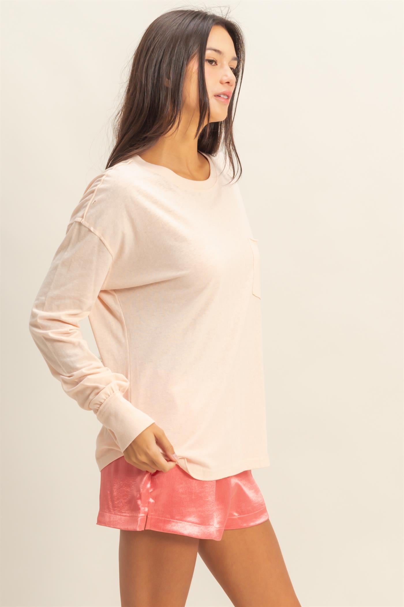Wholesale Long Sleeve Pocket T-Shirt Clothing Tops DZ23G149 DUSTY PINK DOUBLE ZERO