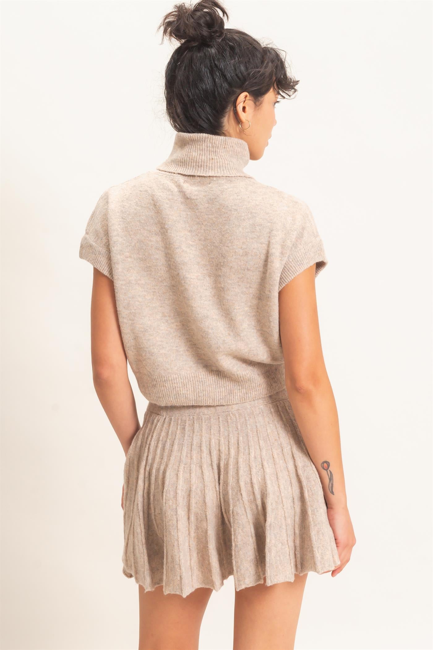 Wholesale Turtleneck Crop Top And Pleated Skirt Set Clothing DZ26C981-SET DARK TAUPE DOUBLE ZERO