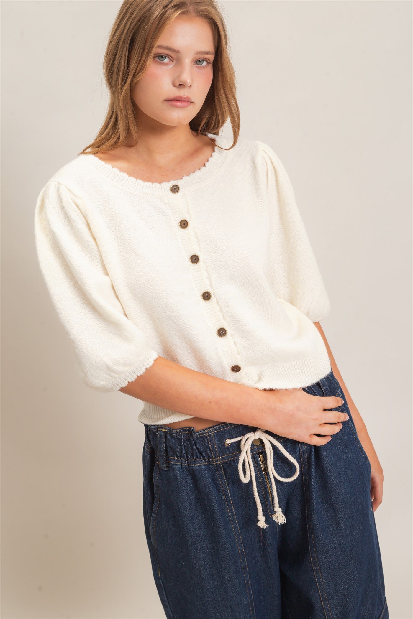 Wholesale Button-Up Puff Sleeve Sweater Cardigan Cardigans HF26E165 CREAM HYFVE