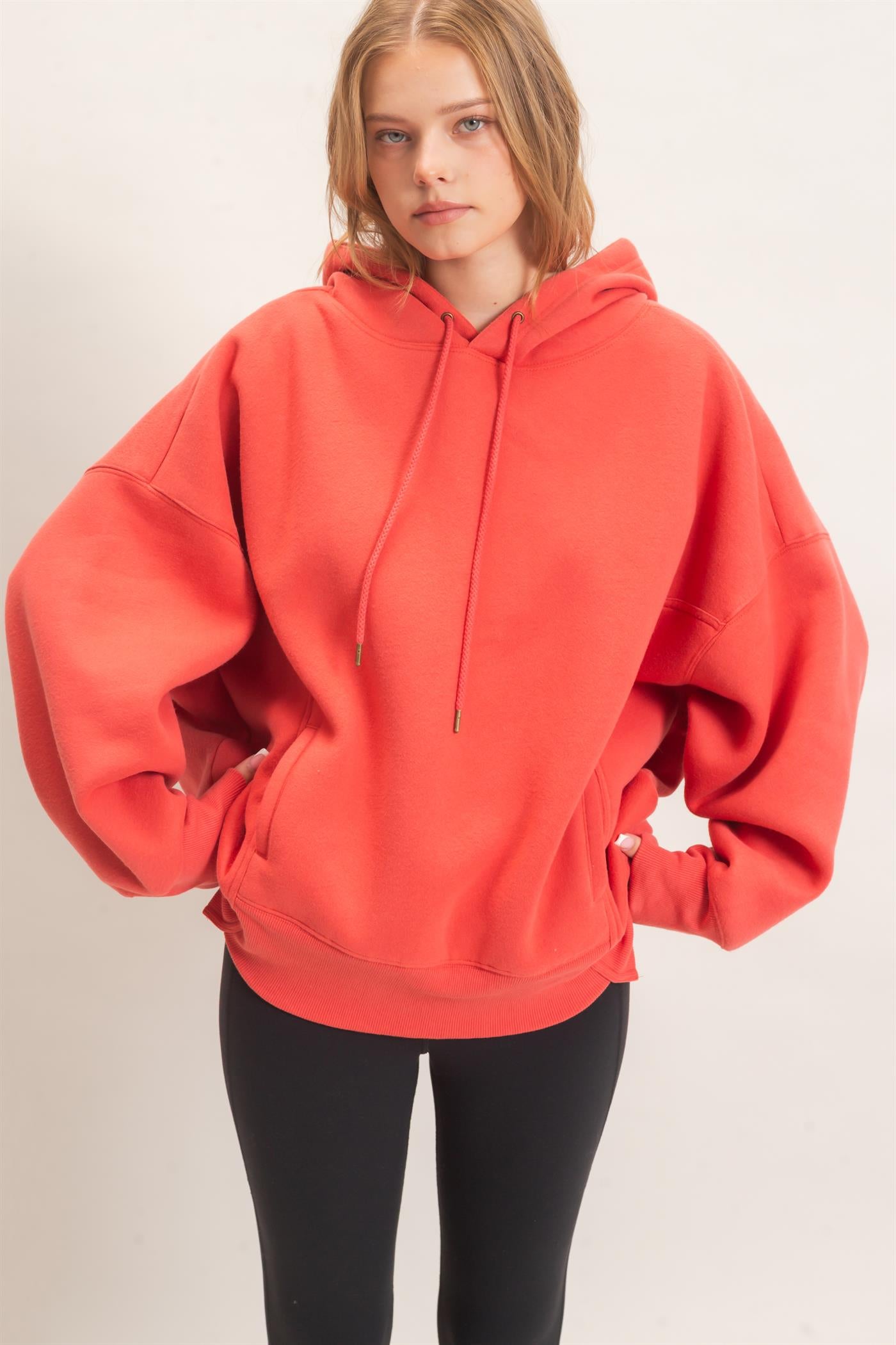 Wholesale Enzyme Wash Drop Shoulder Hoodie Hoodies HF26E235 TOMATO HYFVE