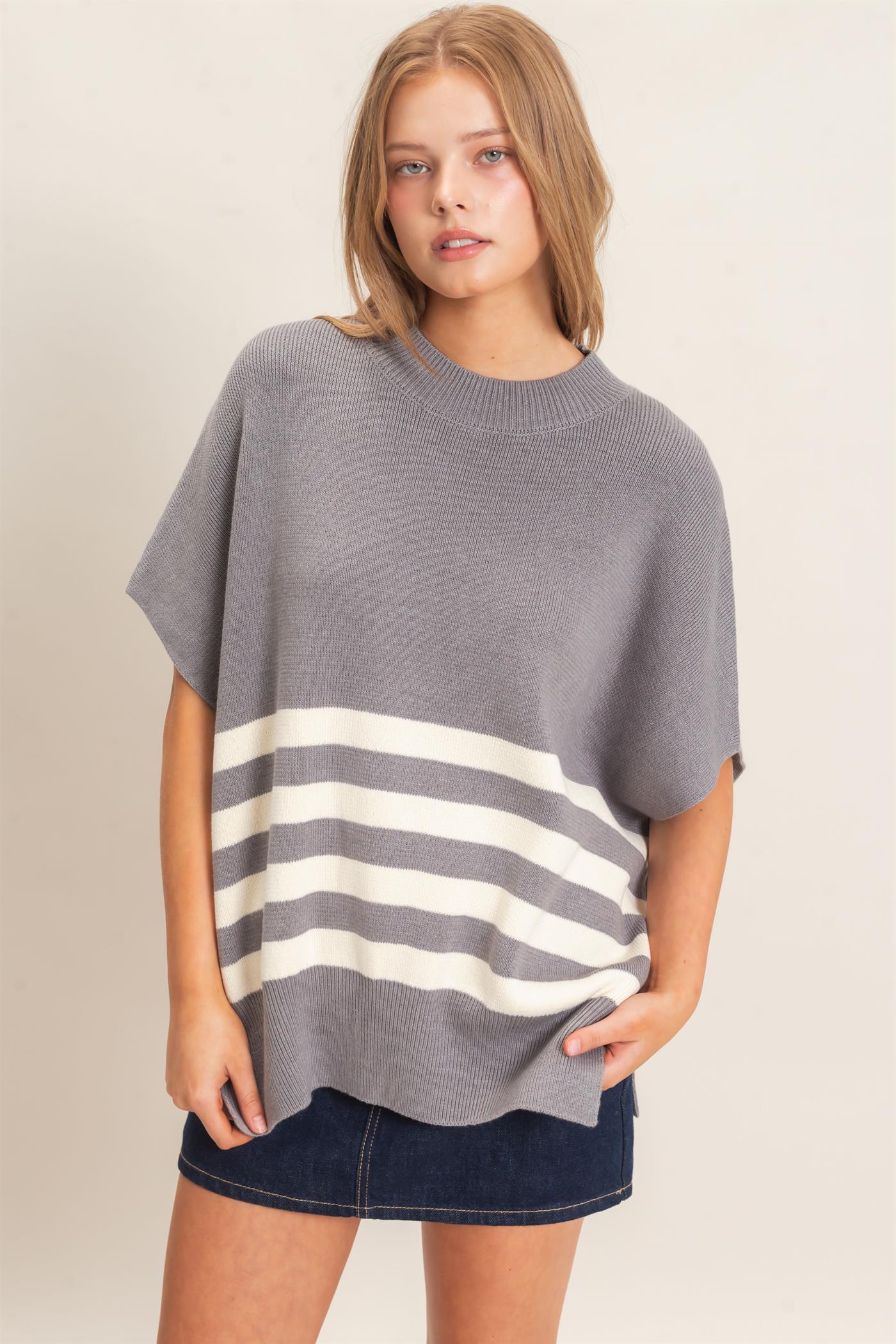 Wholesale Striped Ribbed Crew Neck Sweater Sweaters HF26E350-D GRAY HYFVE