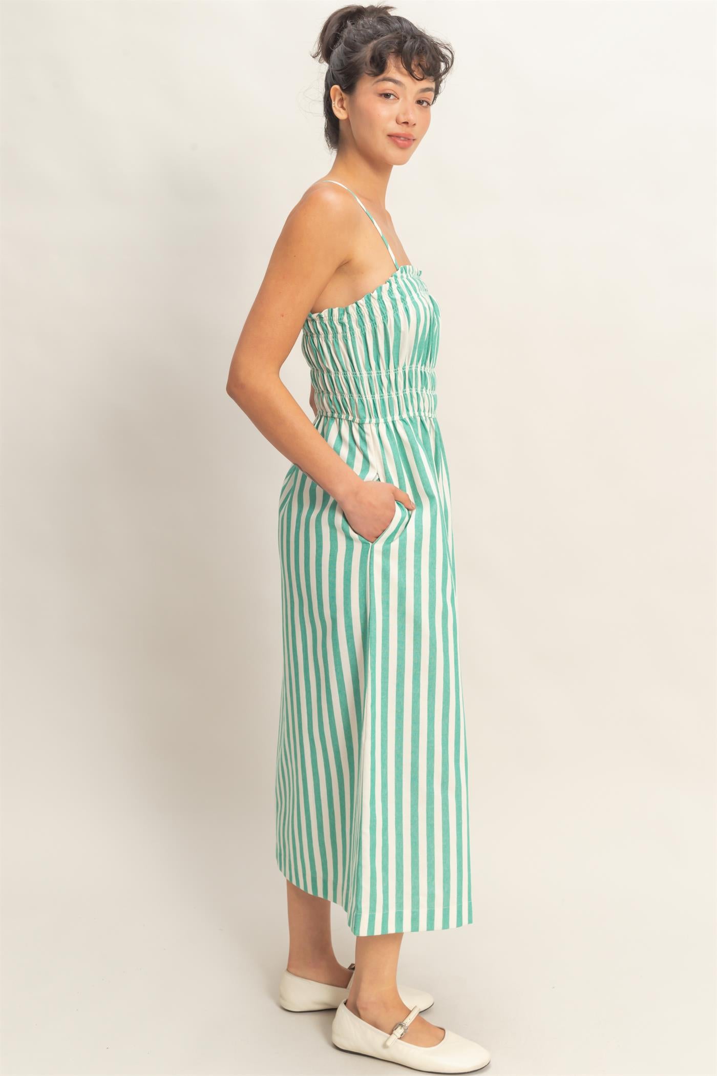 Wholesale Striped Spaghetti Strap Smocking Midi Dress Dresses DZ26C191 GREEN DOUBLE ZERO
