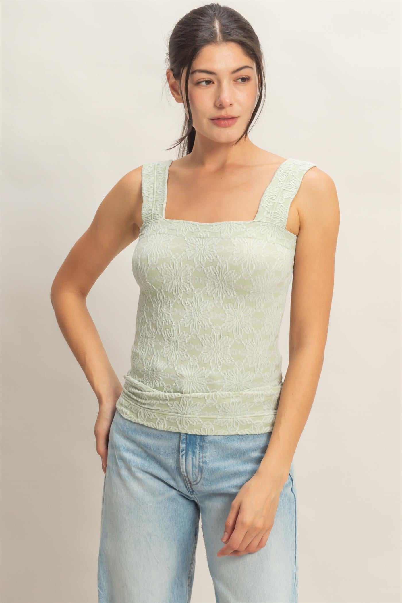 Wholesale Floral Jacquard Square Neck Top Tank Tops HF26E337 SAGE GEEEN HYFVE