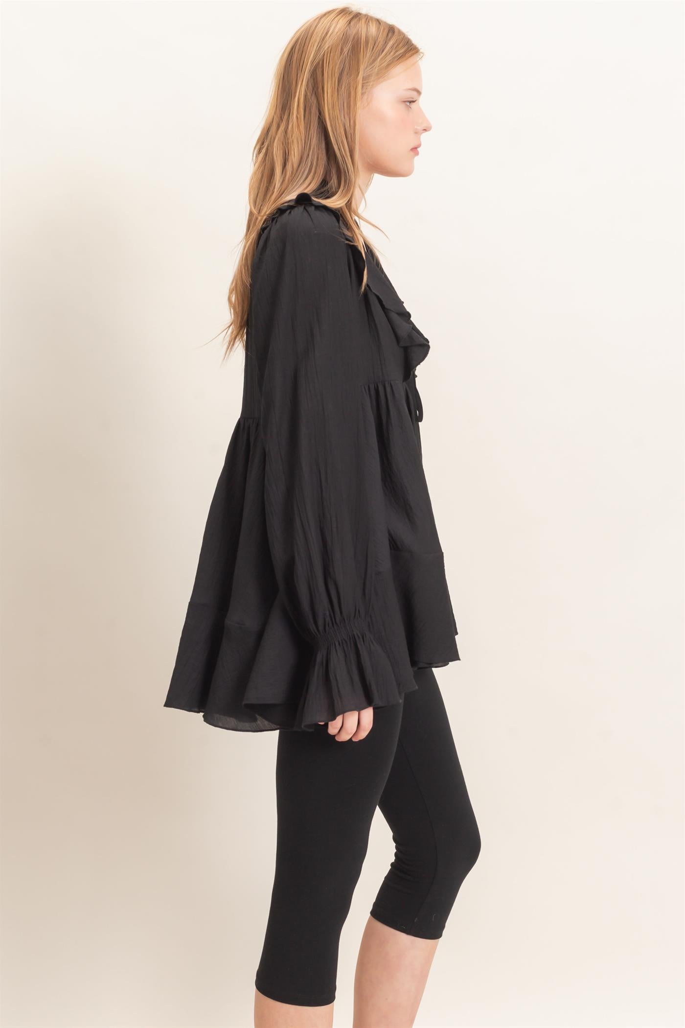 Wholesale Ruffle Lace Tie Neck Blouse Tunics HF26E642 BLACK HYFVE