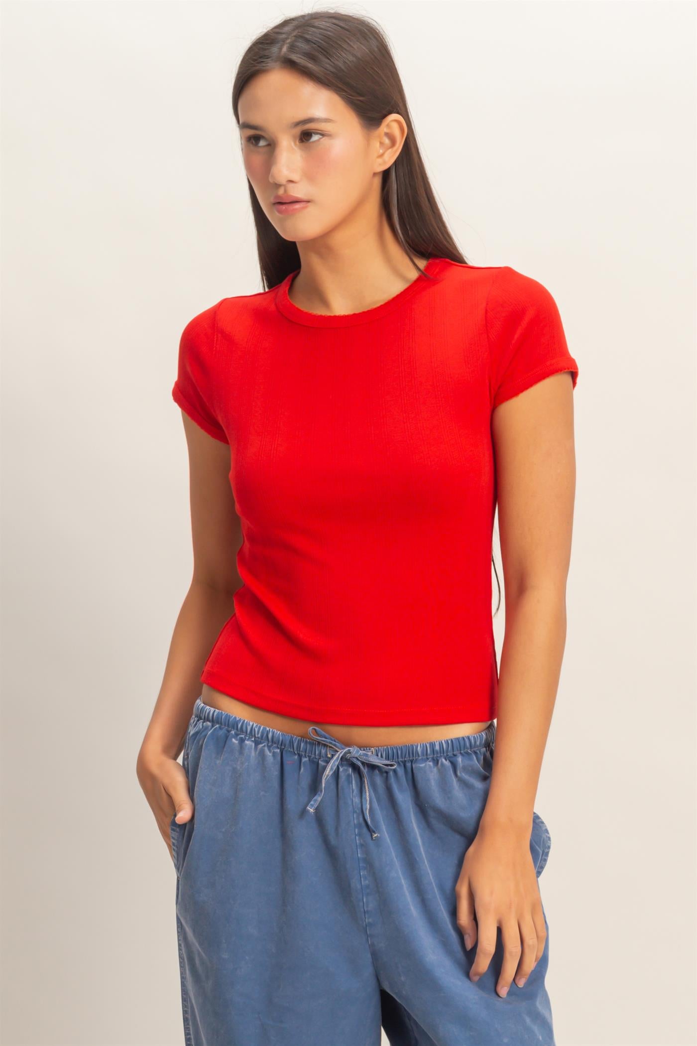 Wholesale Pointelle Short Sleeve Top Clothing Tops DZ26C285 RED DOUBLE ZERO